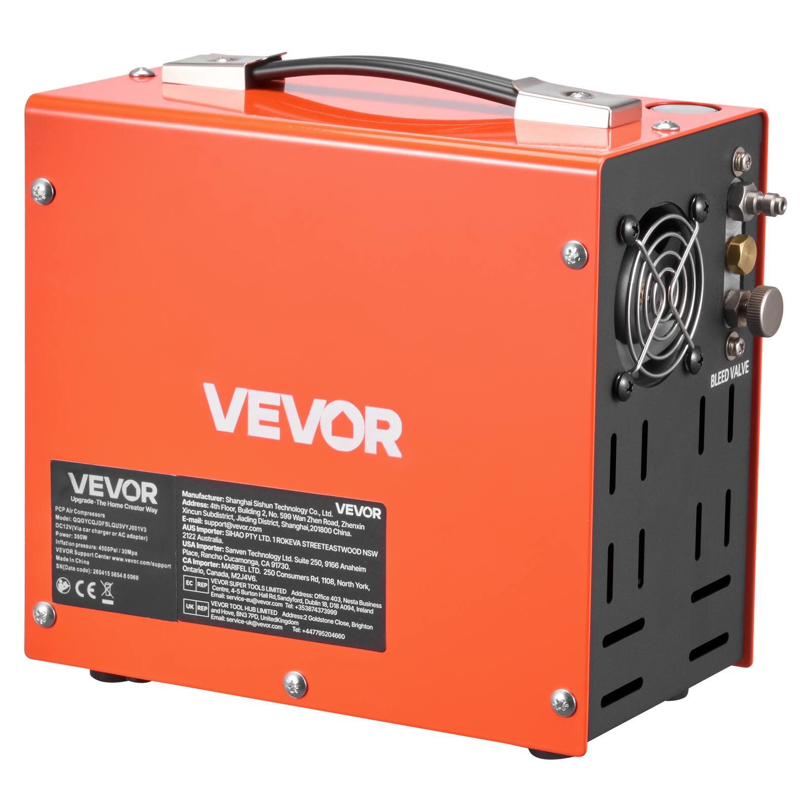 VEVOR

Manufacturer: Shanghai Sihuan Technology Co., Ltd.
Address: Xincun Subdistrict, Building 2, No. 590 Wenhui Road, Zhenxin District, Shanghai, 201800 China

VEVOR

Upgrade: The Home Create Way
DCV12V/24V/36V/48V
DC Air Compressor
Power: 150W
Voltage: 12V/24V/36V/48V AC adapter
Air Pressure: 0.6-0.8MPa
CE

VEVOR

Manufacturer: Shanghai Sihuan Technology Co., Ltd.
Address: Xincun Subdistrict, Building 2, No. 590 Wenhui Road, Zhenxin District, Shanghai, 201800 China

VEVOR

Australia Importer: MARIFEL PTY LTD, 1000 KEVVA STREET EASTWOOD NSW 2122, Australia
Phone: +61 2 9680 2500
Email: support@vevor.com

USA Importer: MARIFEL,