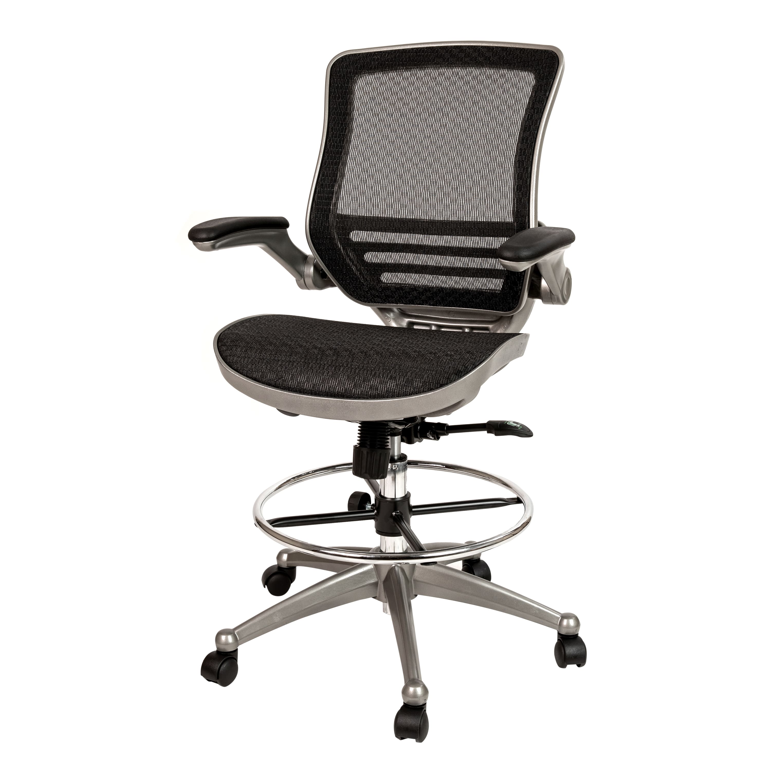 Emma + Oliver - Mid-Back Transparent Mesh Drafting Chair with Flip-Up Arms - Black Mesh/Graphite Silver Frame