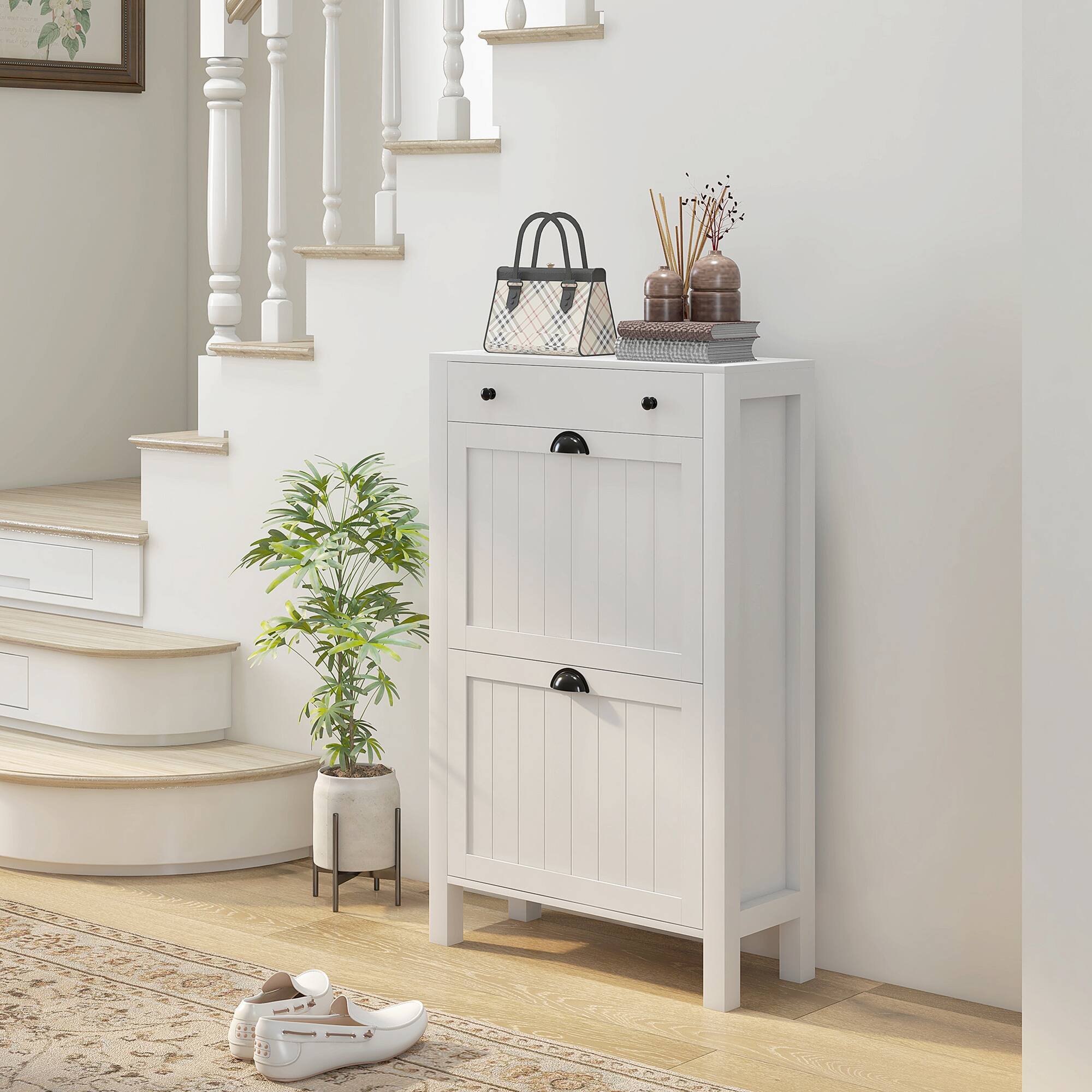 Alt View 1. Homcom - Shoe Storage Cabinet with 2 Flip Drawers & Top Compartment, Holds 8 Pairs for Entryway​ - White.