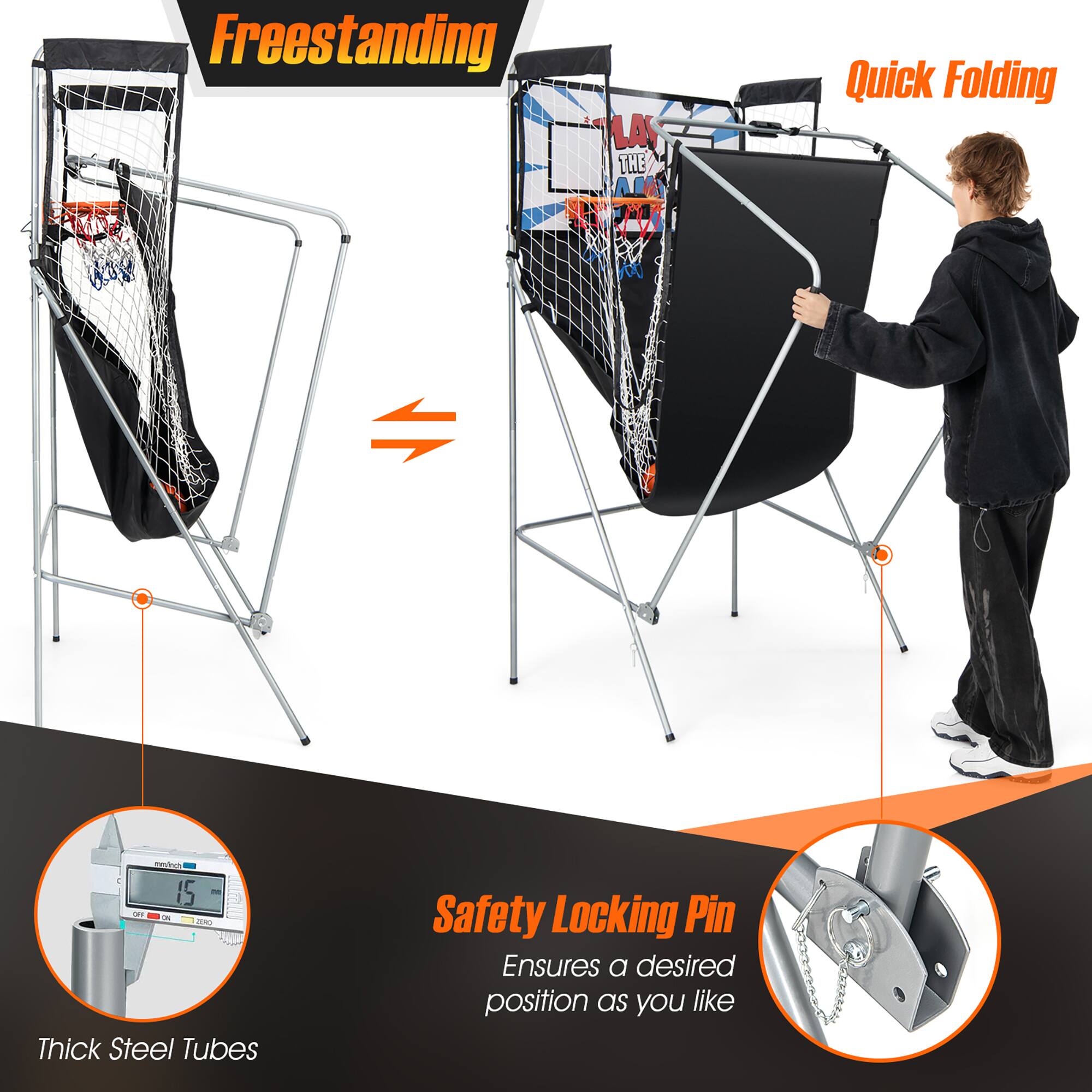 The image features a basketball goal with a quick folding design, allowing for easy transportation and storage. The goal is made of thick steel tubes and comes with a safety locking pin to secure the desired position. The image also shows a freestanding basketball goal, which is another option for customers.