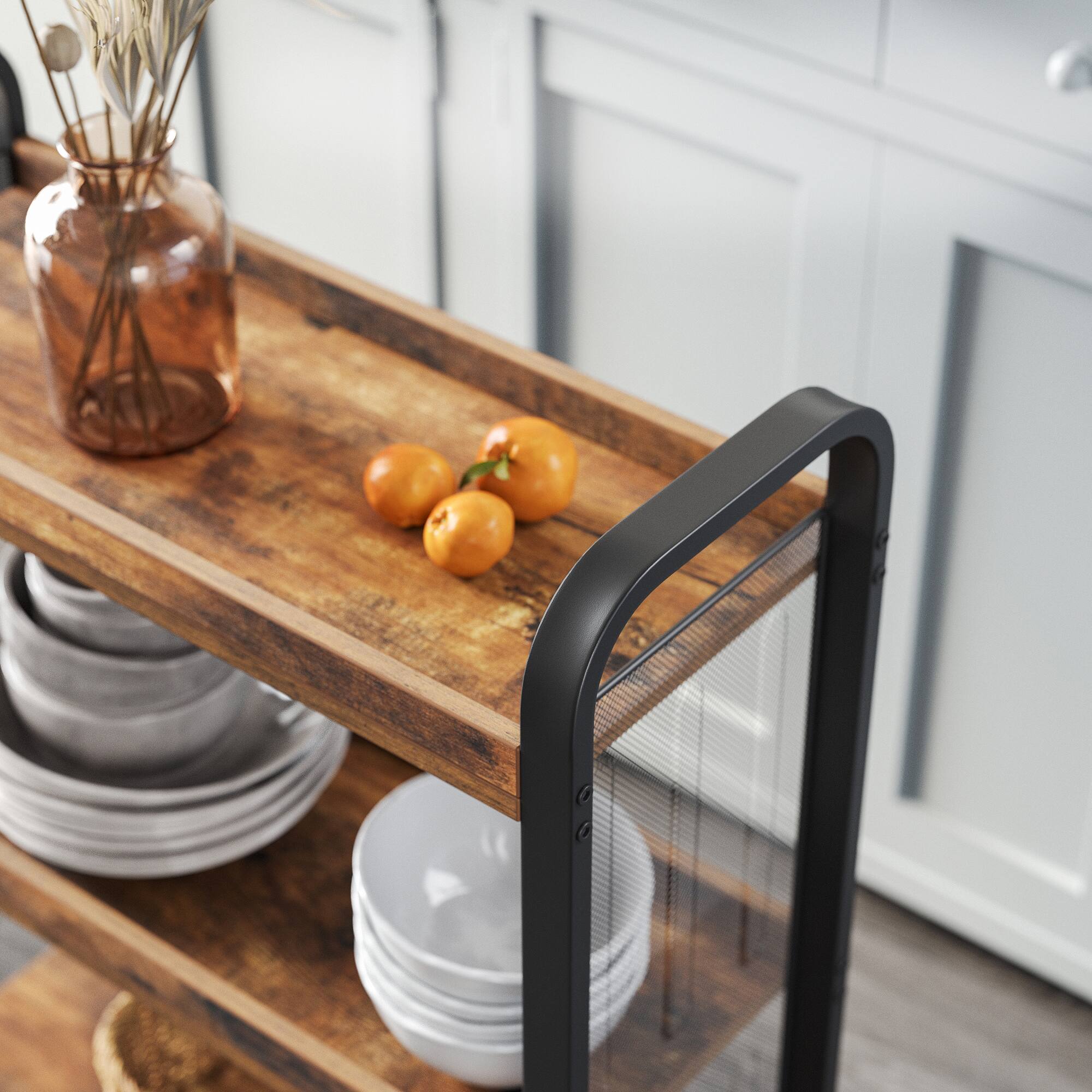 Alt View 2. Songmics Home - 3-Tier Narrow Storage Cart, Rolling Cart with Wheels, Steel Frame, Slim Storage Cart for Kitchen, Dining Room - Rustic Brown and.