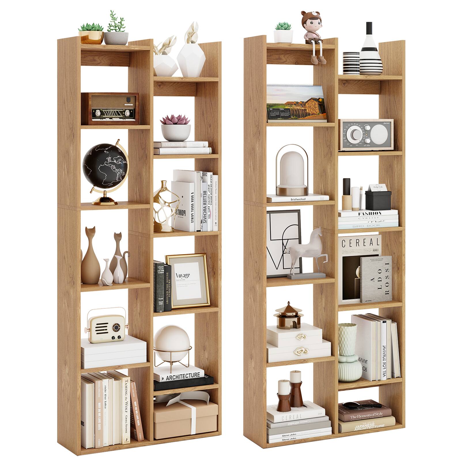 Gymax - 2PCS 11-Tier Bookcase w/ Anti-Tipping Kits Wood Display Shelf Tree-Shaped - Natural
