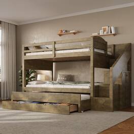 Whisen - Twin XL over Twin XL Bunk Bed with Trundle, Storage Staircase, Wardrobe and 3 Drawers - Walnut