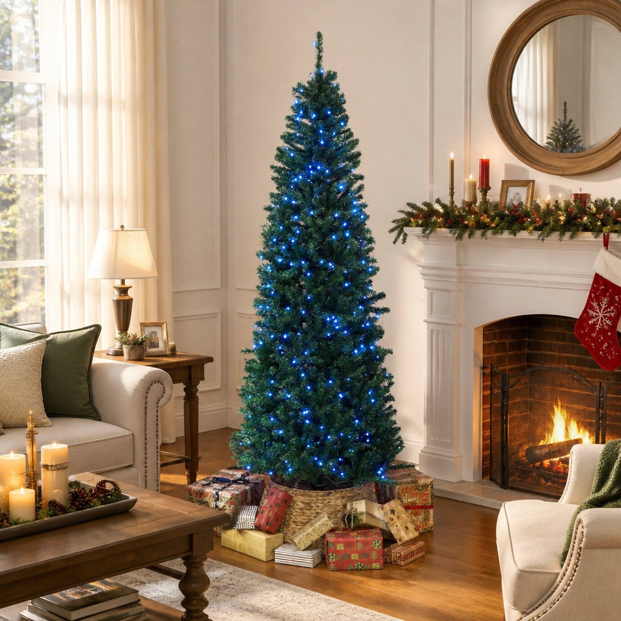 Angle. RYHNUYNE - 7FT Pre-Lit Slim Fir Christmas Tree With Colorful DIY Synchronized LED Lights and Remote, 12 Modes and Dense Tips - Green.