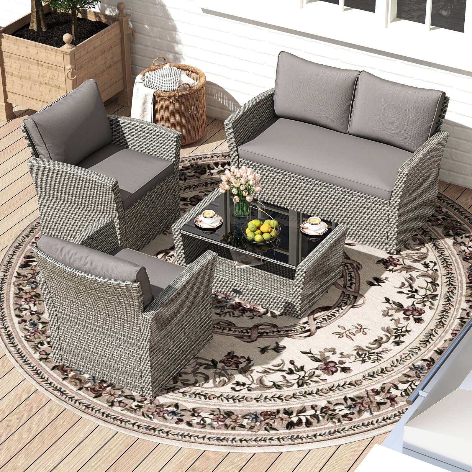 Alt View 1. Costway - Costway 4 PCS Patio Furniture Set with 2 Rattan Chairs Loveseat Coffee Table Cushions - Gray.