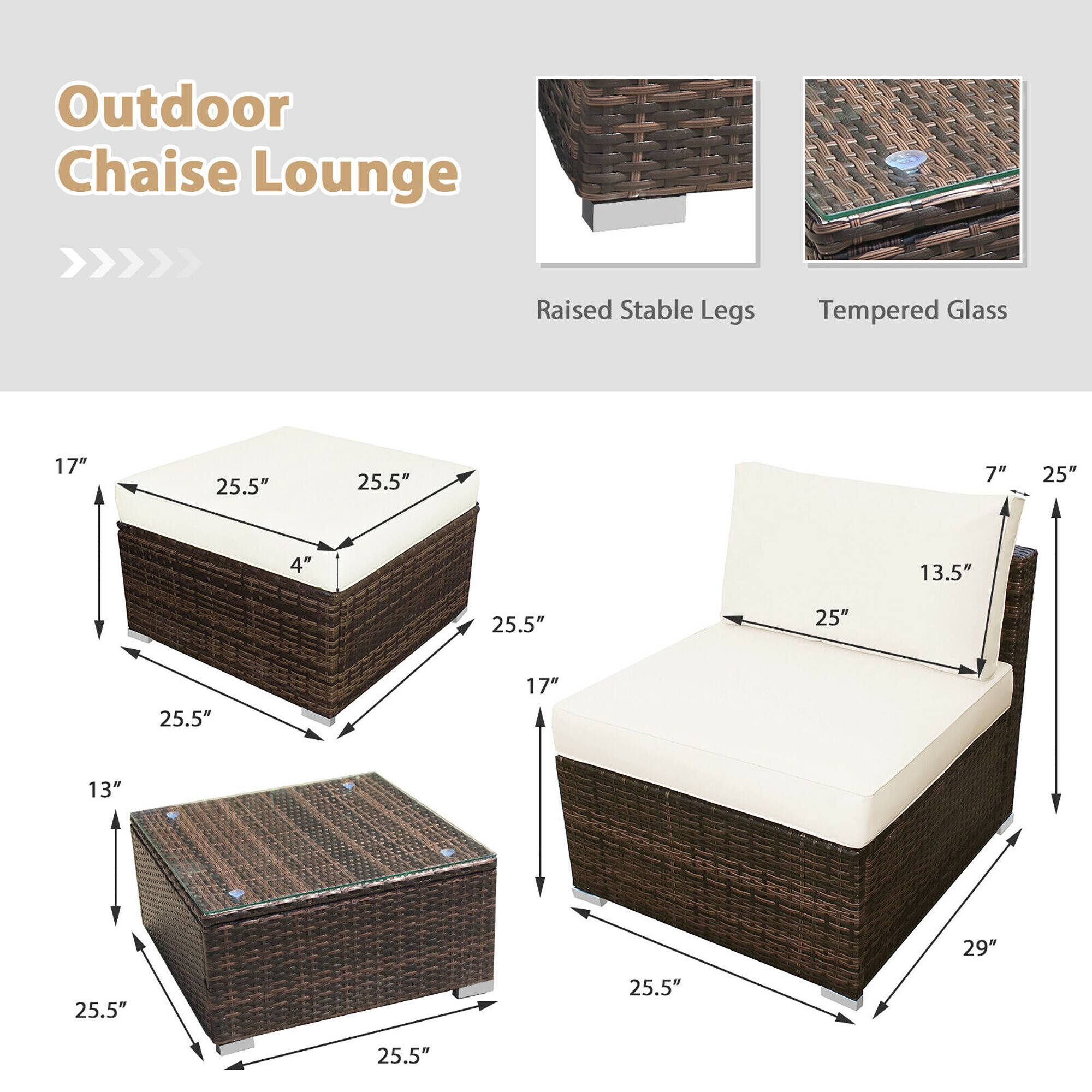 Outdoor Chaise Lounge: Raised Stable Legs, Tempered Glass. Measurements: 17" x 25.5" x 7" (seat), 25" x 4" x 13.5" (backrest), 25" x 25" x 25.5" (legs), 17" x 13" x 29" (armrests).