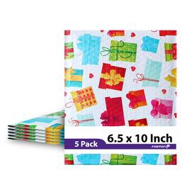 Fosmon - 6.5 x 10 - 5 Pack #0 Gift Wrap Birthday Holiday Poly Bubble Mailer, Padded Shipping Envelopes, 6.5 x 9" Usable Size - Multi