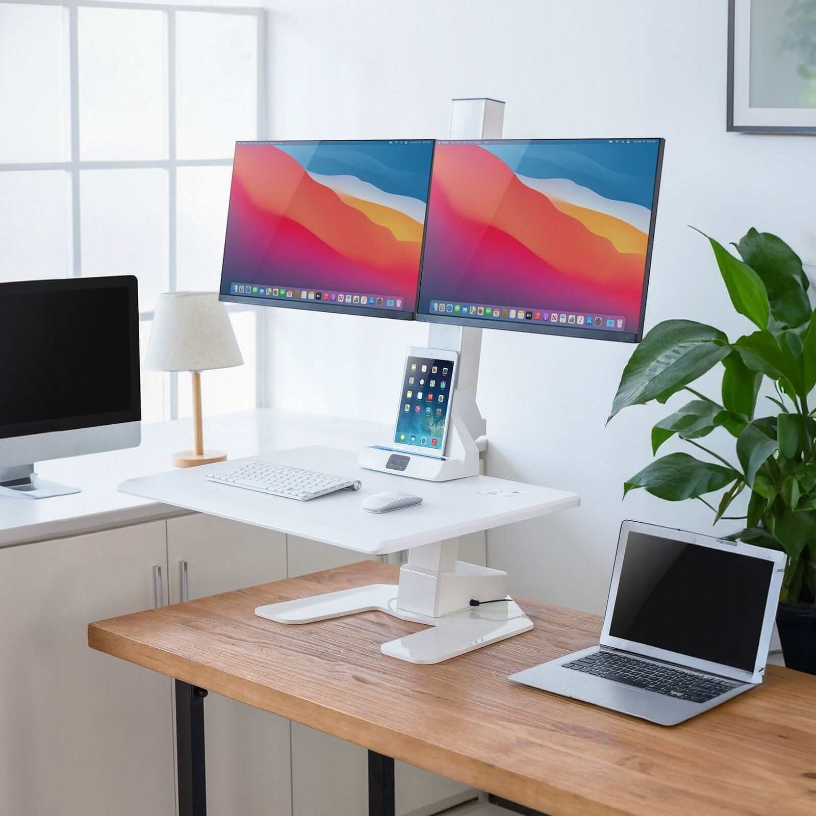 Angle. Mount-It! - Electric Sit-Stand Desk Converter with Dual Monitor Mount & Full Motion Adjustability for Ergonomic Workstations, White - White.