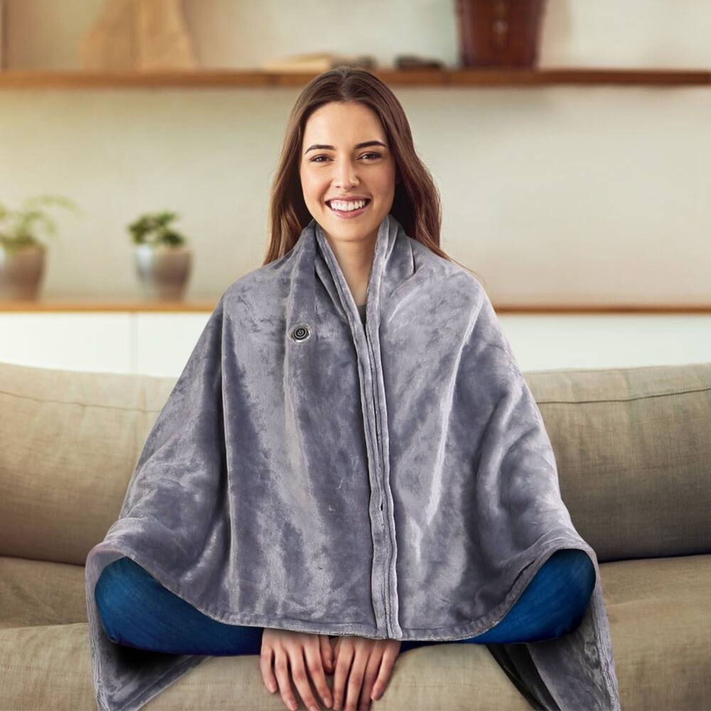 Alt View 6. Loheer - Loheer USB Heated Blanket Wearable Poncho with Zipper 59x31in - Grey.