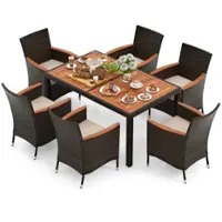 Costway - 7 Pieces Outdoor Wicker Dining Set with Acacia Wood Table and 6 Stackable Chairs - Mix Brown+Beige - Front_Zoom