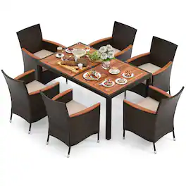 Costway - 7 Pieces Outdoor Wicker Dining Set with Acacia Wood Table and 6 Stackable Chairs - Mix Brown+Beige
