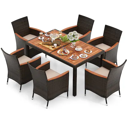 Front. Costway - 7 Pieces Outdoor Wicker Dining Set with Acacia Wood Table and 6 Stackable Chairs - Mix Brown+Beige.
