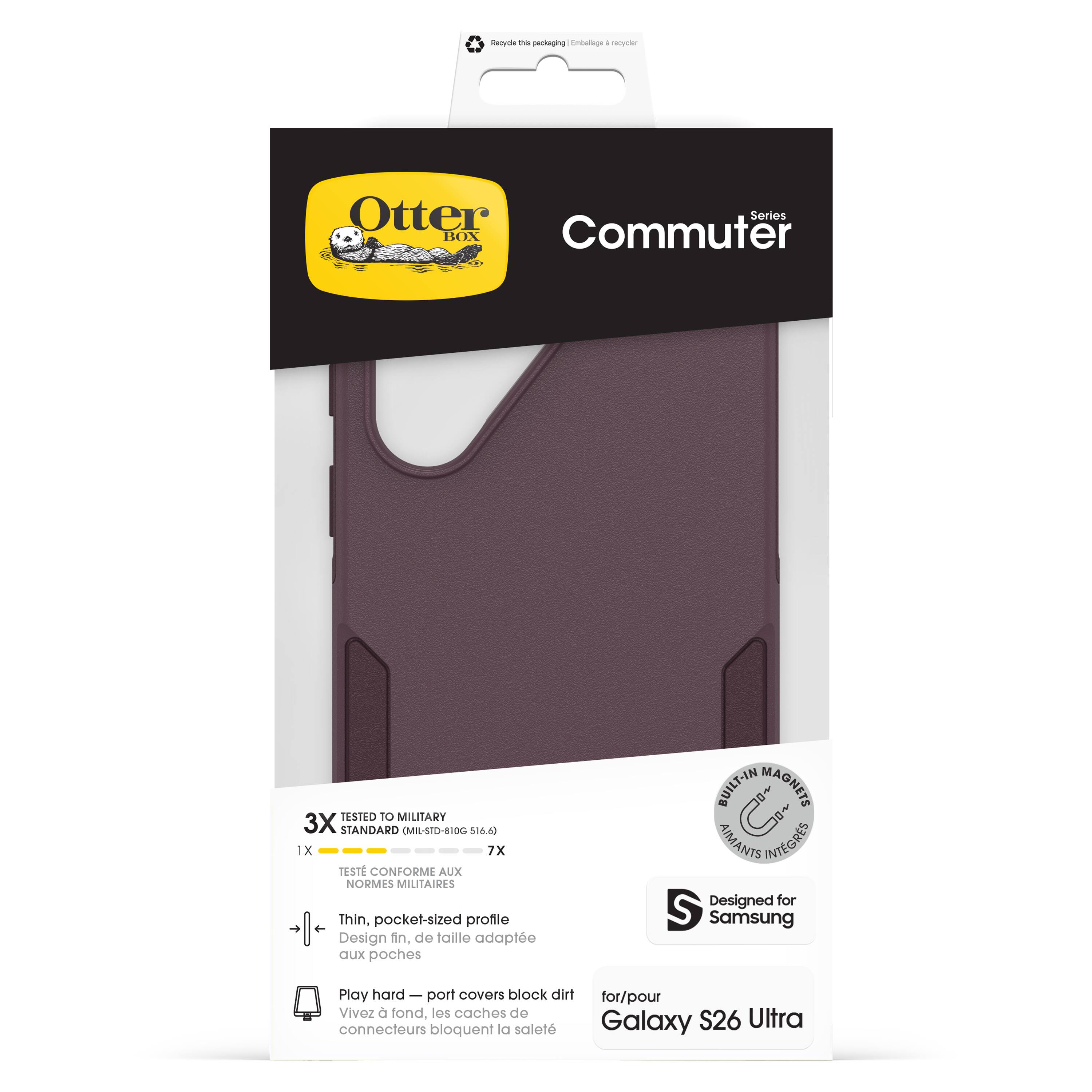 - Otter Box
- Commuter Series
- Tested to Military 3X Standard (MIL-STD-810G 516.6)
- 7X
- Thin, pocket-sized profile
- Built-in Magnets
- Designed for Samsung Galaxy S26 Ultra
- Play hard – port covers block dirt
- Testé conforme aux normes militaires
- Design fin, de taille adaptée aux poches
- Les caches de port bloquent la saleté