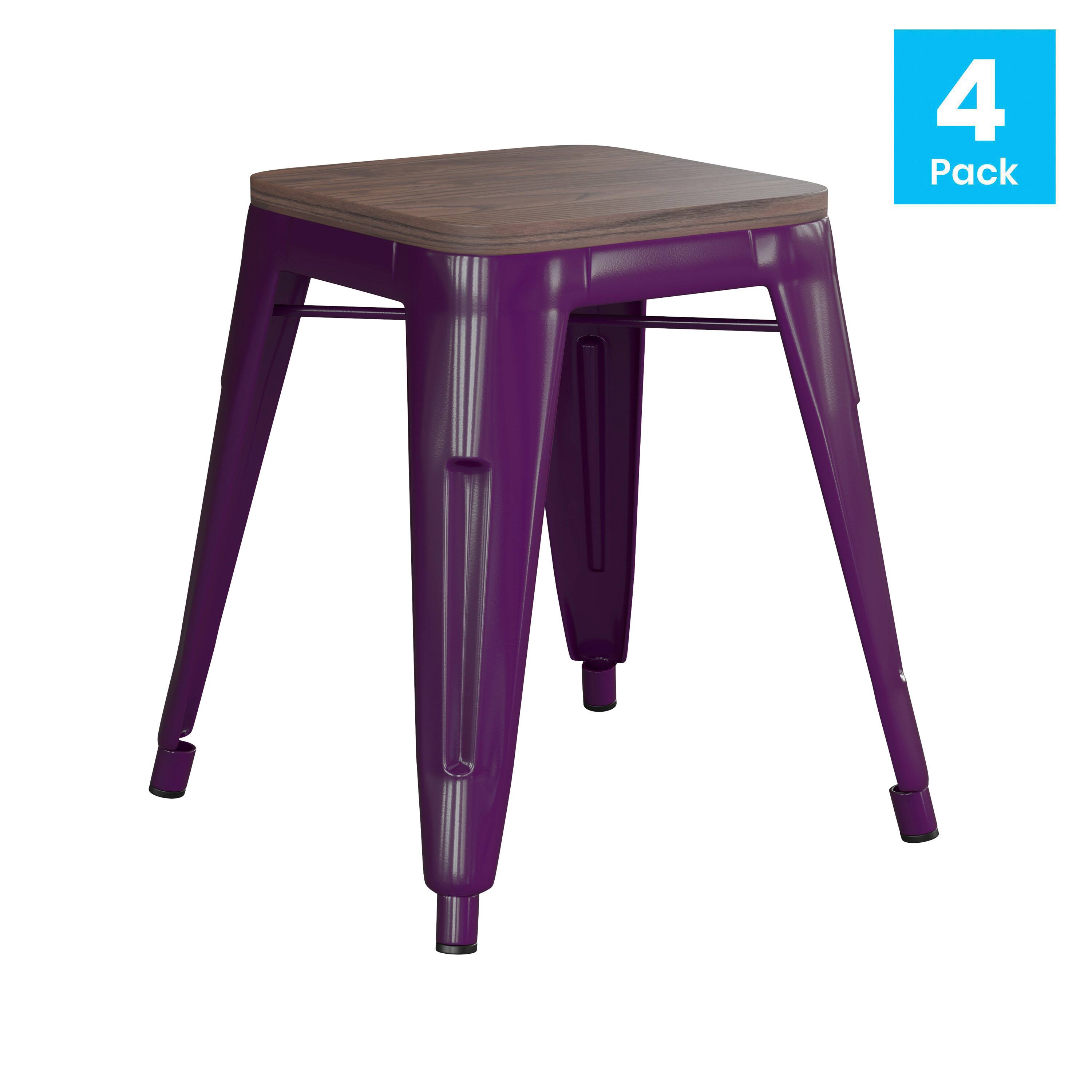 Angle. Flash Furniture - Kai 18" Backless Table Height Stool with Wooden Seat, Stackable Purple Metal Indoor Dining Stool, Commercial Grade - Set - Purple.