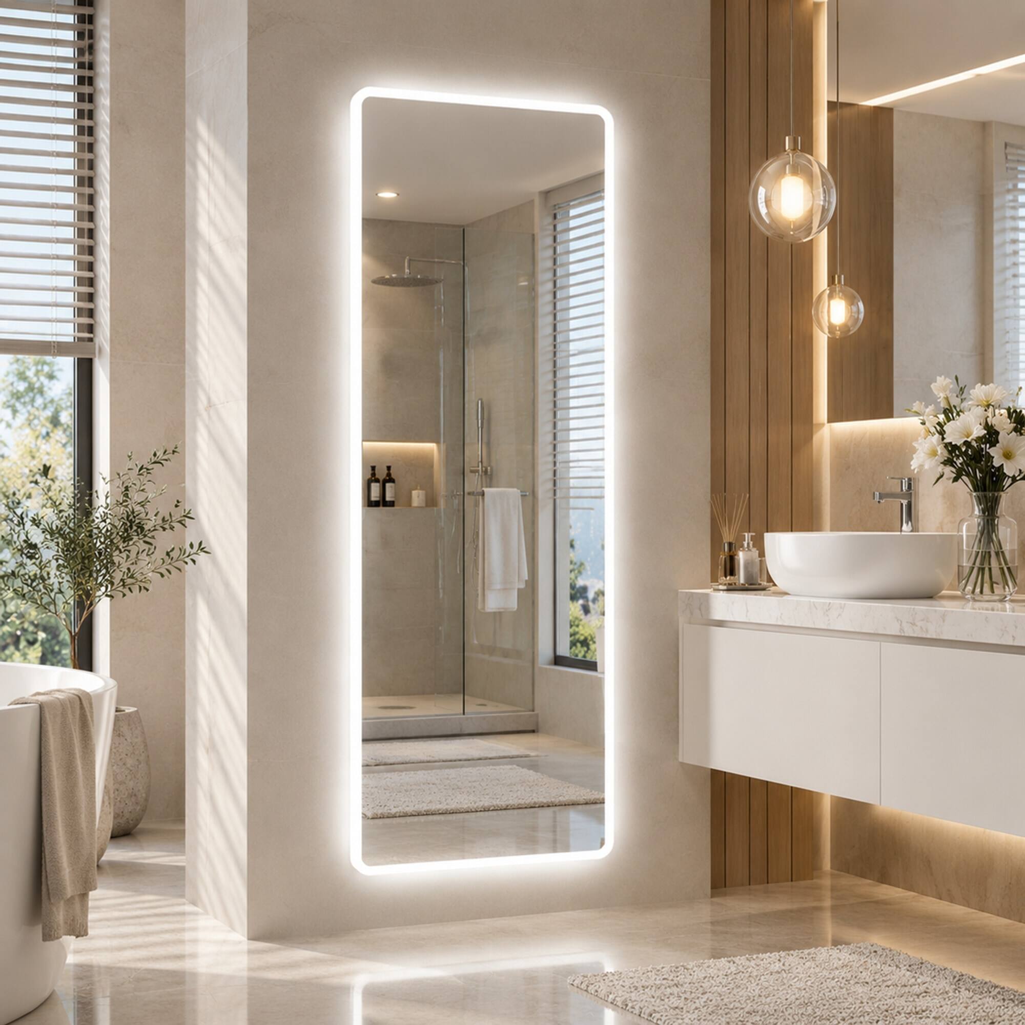 Back. RYHNUYNE - 65 in x 21.7 in LED Full Length Mirror, Rounded Corners, Tempered HD Glass, Wall Mounted or Free Standing, Bedroom - Clear.