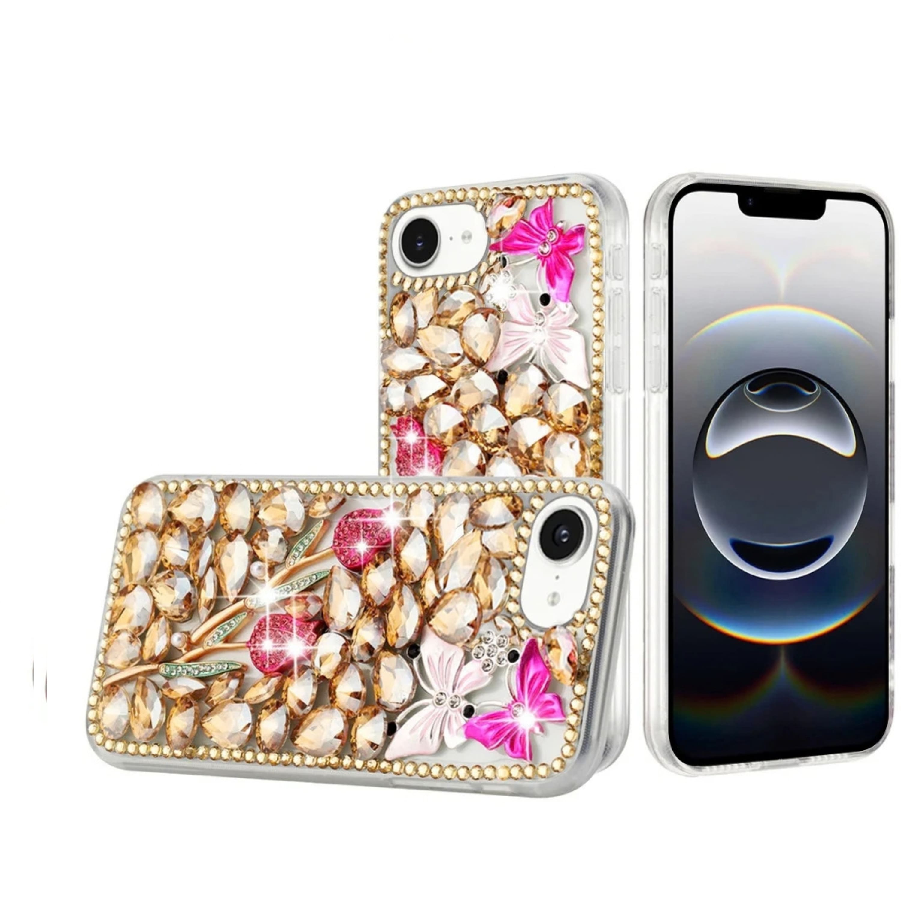 Kitcheniva - Full Diamond Faux 3D Jewel Phone Case With Tempered Glass For iPhone 16e 17e Garden - Gold