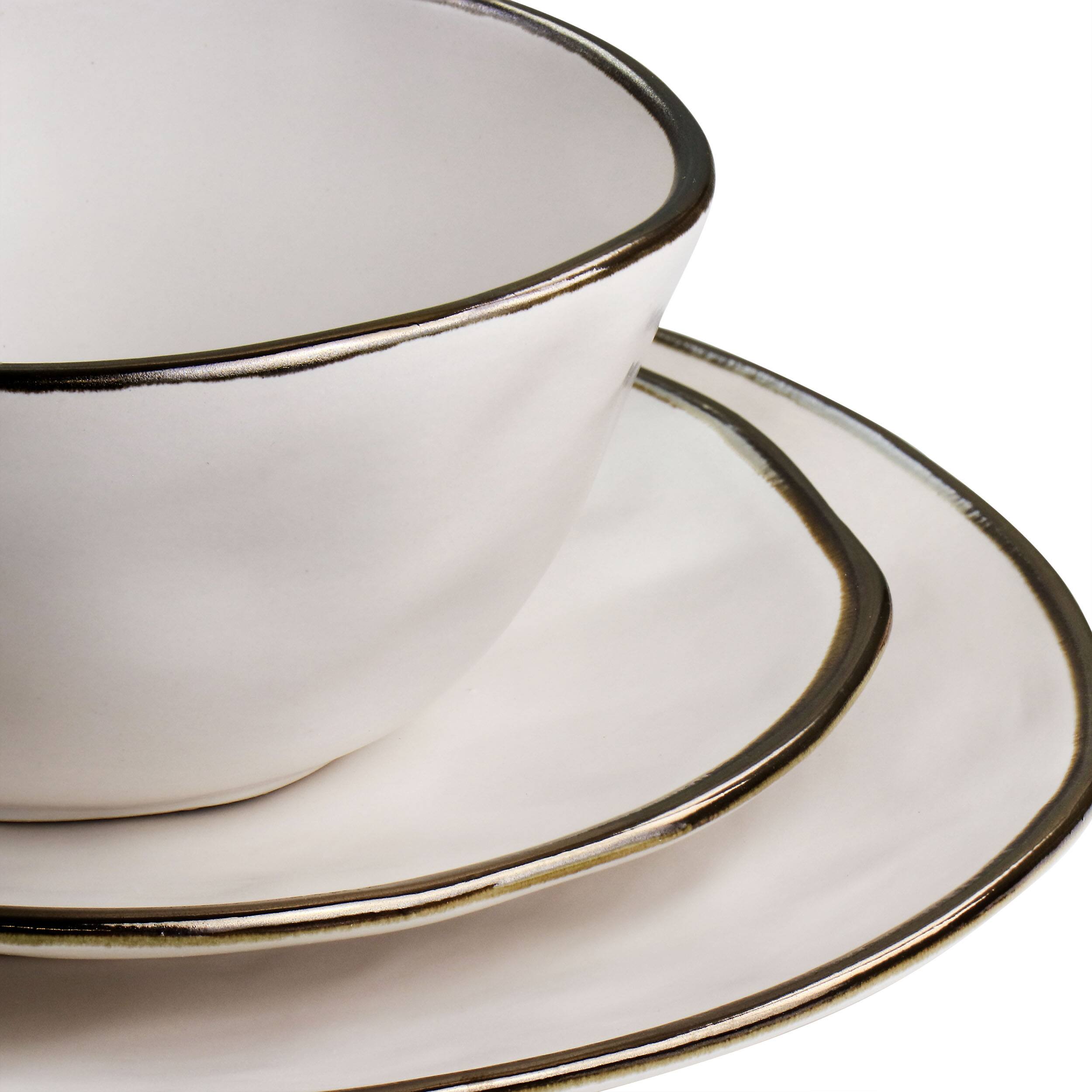 Alt View 7. Elama - Elama Modern 16 Piece Stoneware Dinnerware Set in Matte White with Gold Rim - White and Gold.