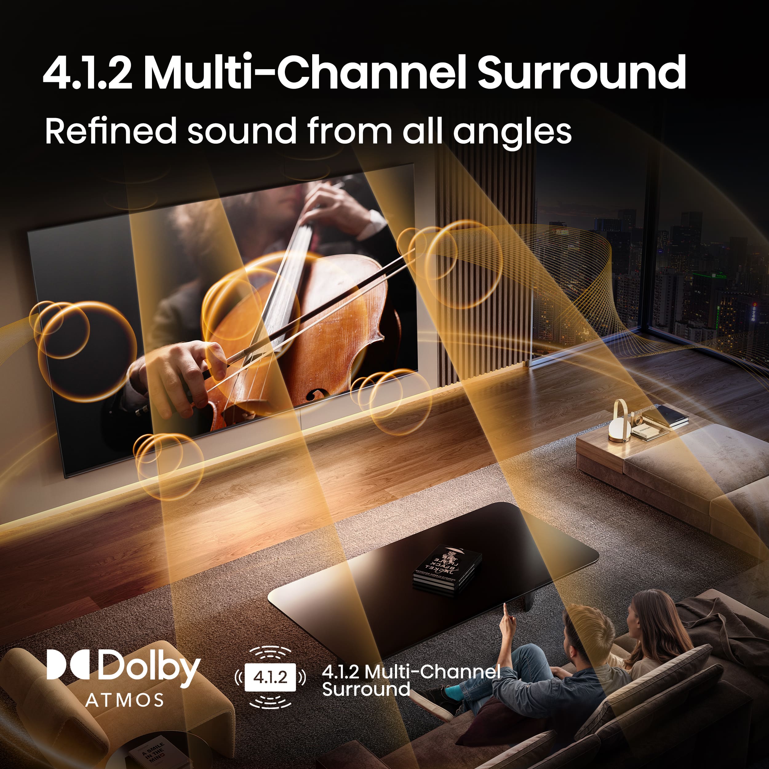 The text on the image is already grouped and correctly written. It reads: "4.1.2 Multi-Channel Surround Refined sound from all angles Dolby ATMOS 4.1.2".