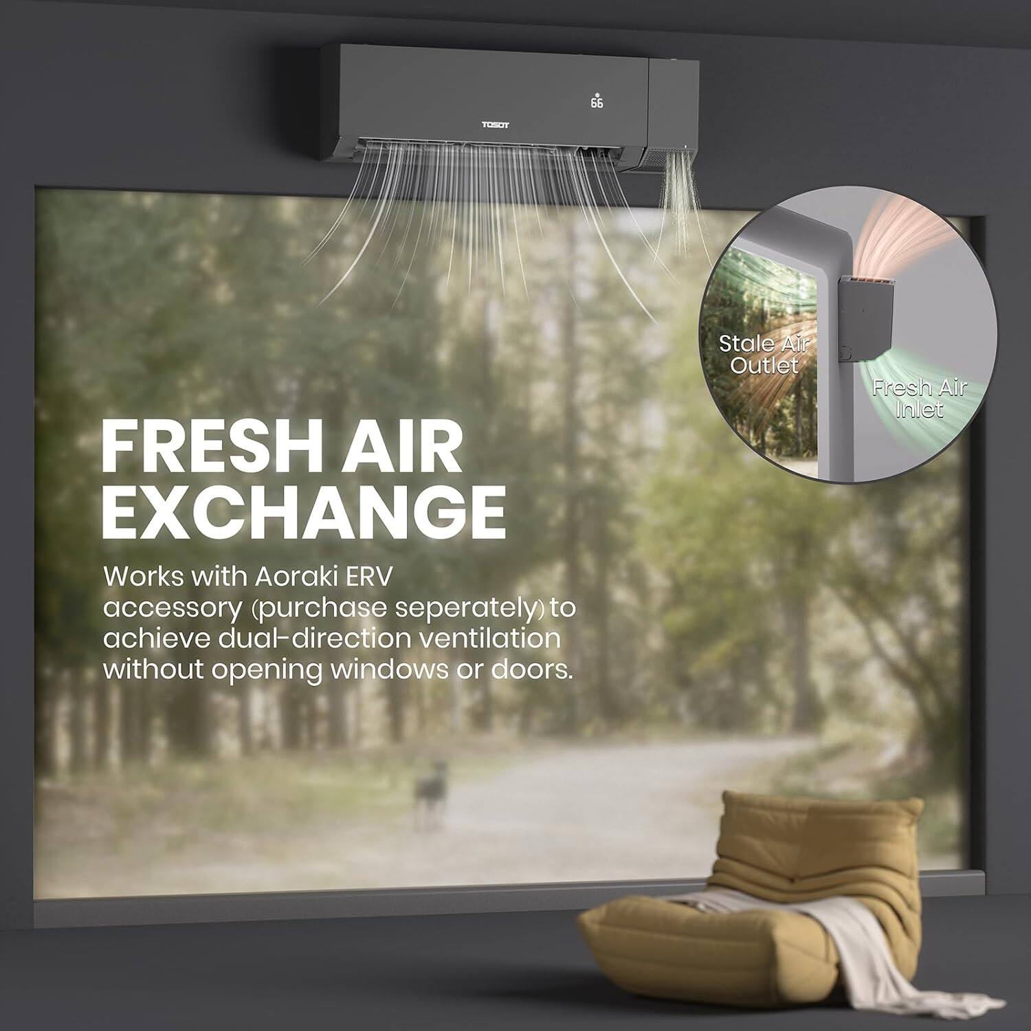 65  
TOSOT  
FRESH AIR EXCHANGE  
Works with Aoraki ERV accessory (purchase separately) to achieve dual-direction ventilation without opening windows or doors.  
Stale Air Outlet  
Fresh Air Inlet