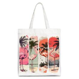 OrnamentallyYou - Summer Flamingo Beach Canvas Tote Bag, Retro Vacation Tropical Sunset Gift Shopper - White
