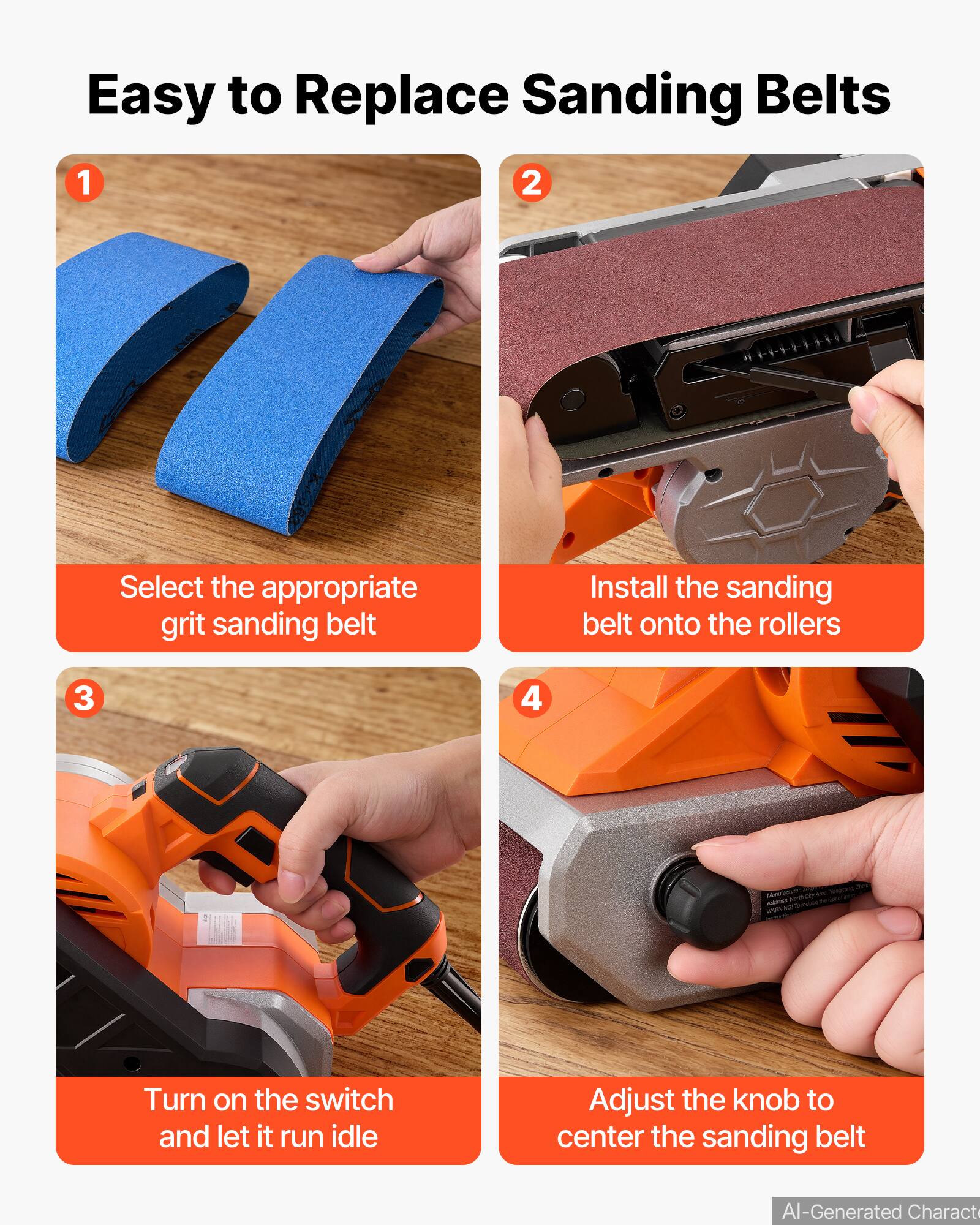 Easy to Replace Sanding Belts

1. Select the appropriate grit sanding belt
2. Install the sanding belt onto the rollers
3. Turn on the switch and let it run idle
4. Adjust the knob to center the sanding belt