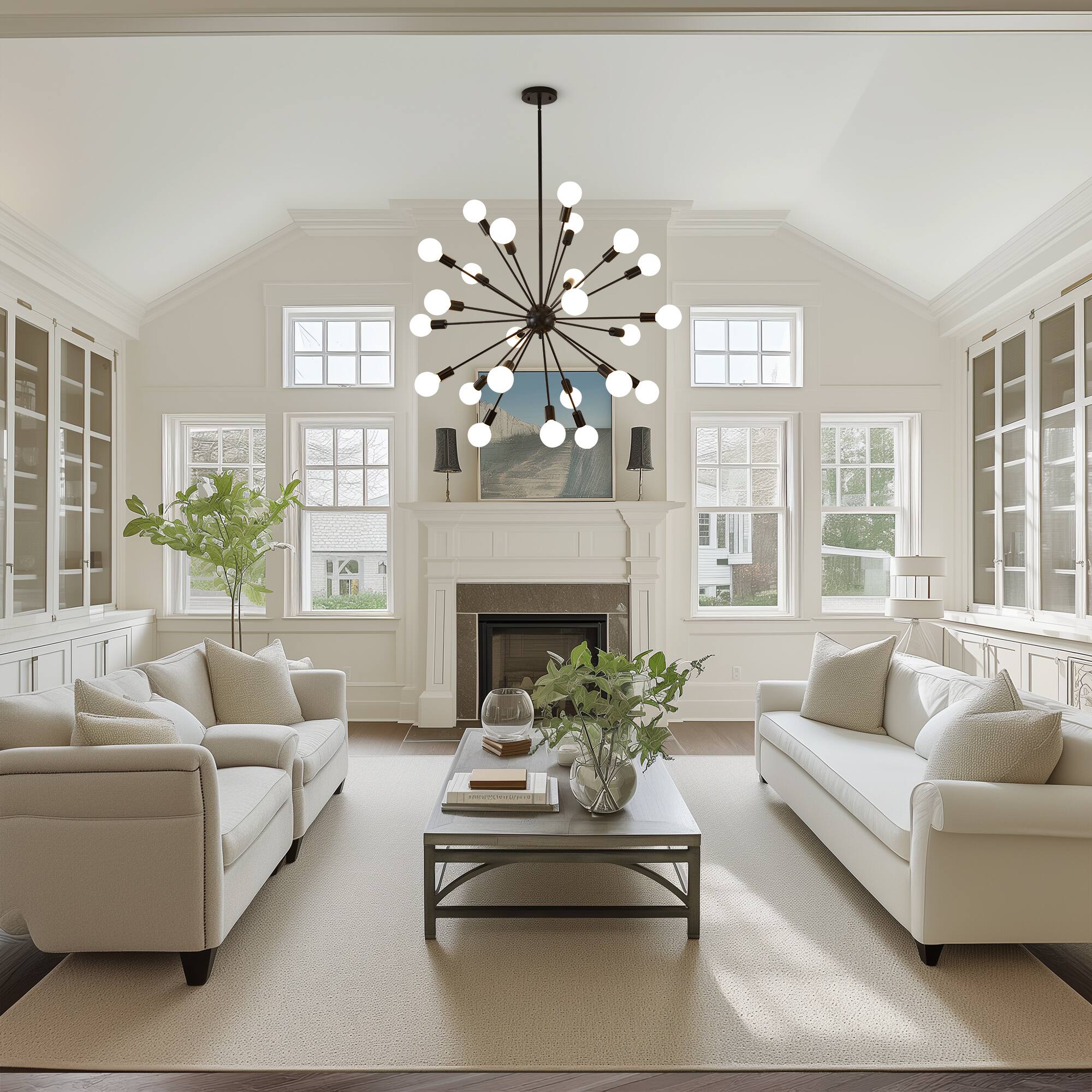 Back. RYHNUYNE - 24 Light Sputnik Chandelier 41 Inch Mid Century Modern Pendant Light Adjustable Height Industrial Ceiling Fixture.