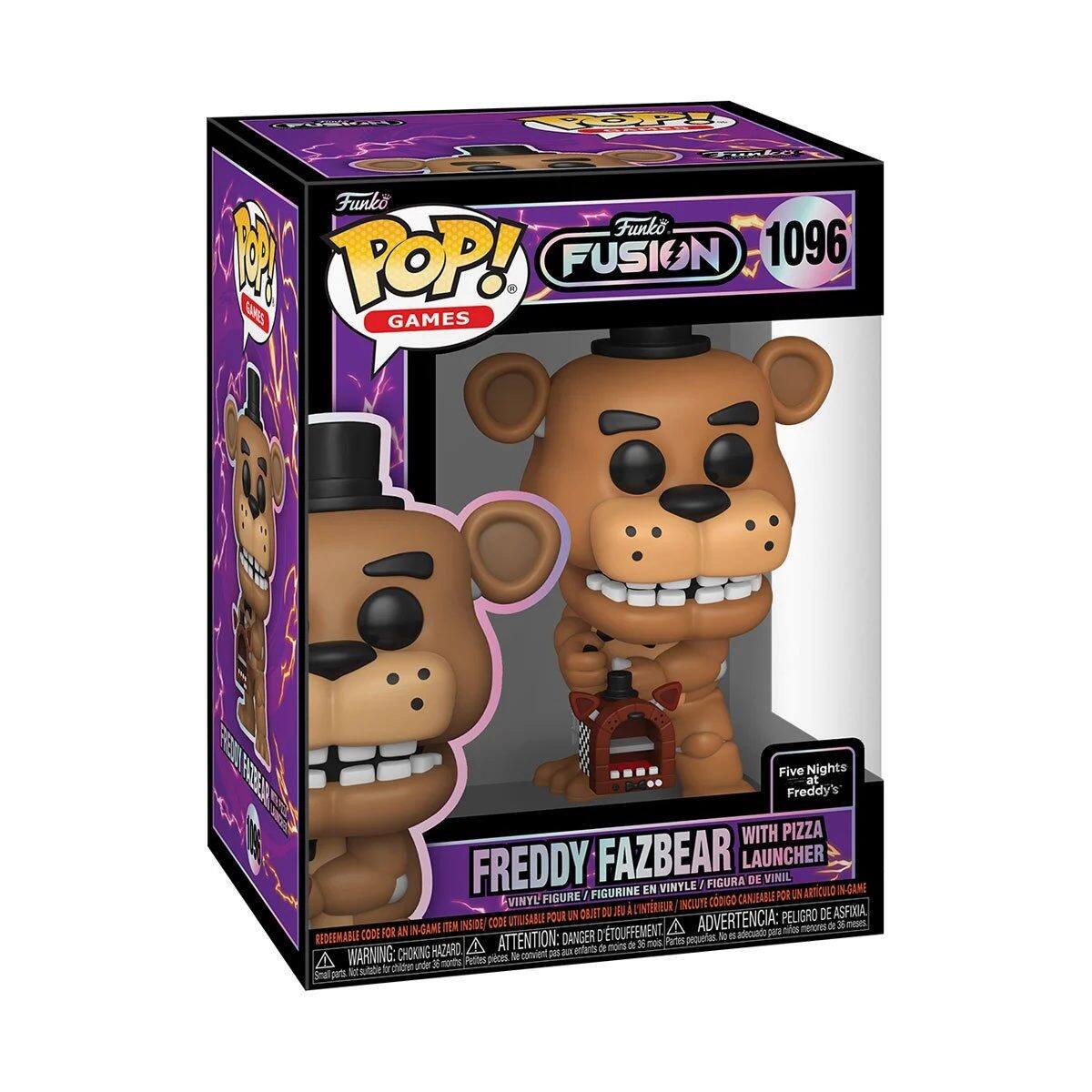Funko POP! FUSION 1096  
GAMES  
Five Nights at Freddy's  
FREDDY FAZBEAR WITH PIZZA LAUNCHER  
VINYL FIGURE / FIGURINE EN VINYLE / FIGURA DE VINIL  
INCLUDES REDEEMABLE CODE FOR AN IN-GAME ITEM INSIDE / INCLUTTE ADIGIO UN CODE UTILE POUR UN ARTICLE IN-GAME / INCLUYE UN CÓDIGO UTILIZABLE PARA UN ARTÍCULO IN-GAME  
WARNING: CHOKING HAZARD - Small parts. Not for children under 3 years. / ADVERTENCIA: PEQUEÑAS PIEZAS. NO ES ADECUADO PARA NIÑOS MENORES DE 3 AÑOS. / ATTENTION: DANGER - Petites pièces. Ne convient pas aux enfants de moins de 3 ans.