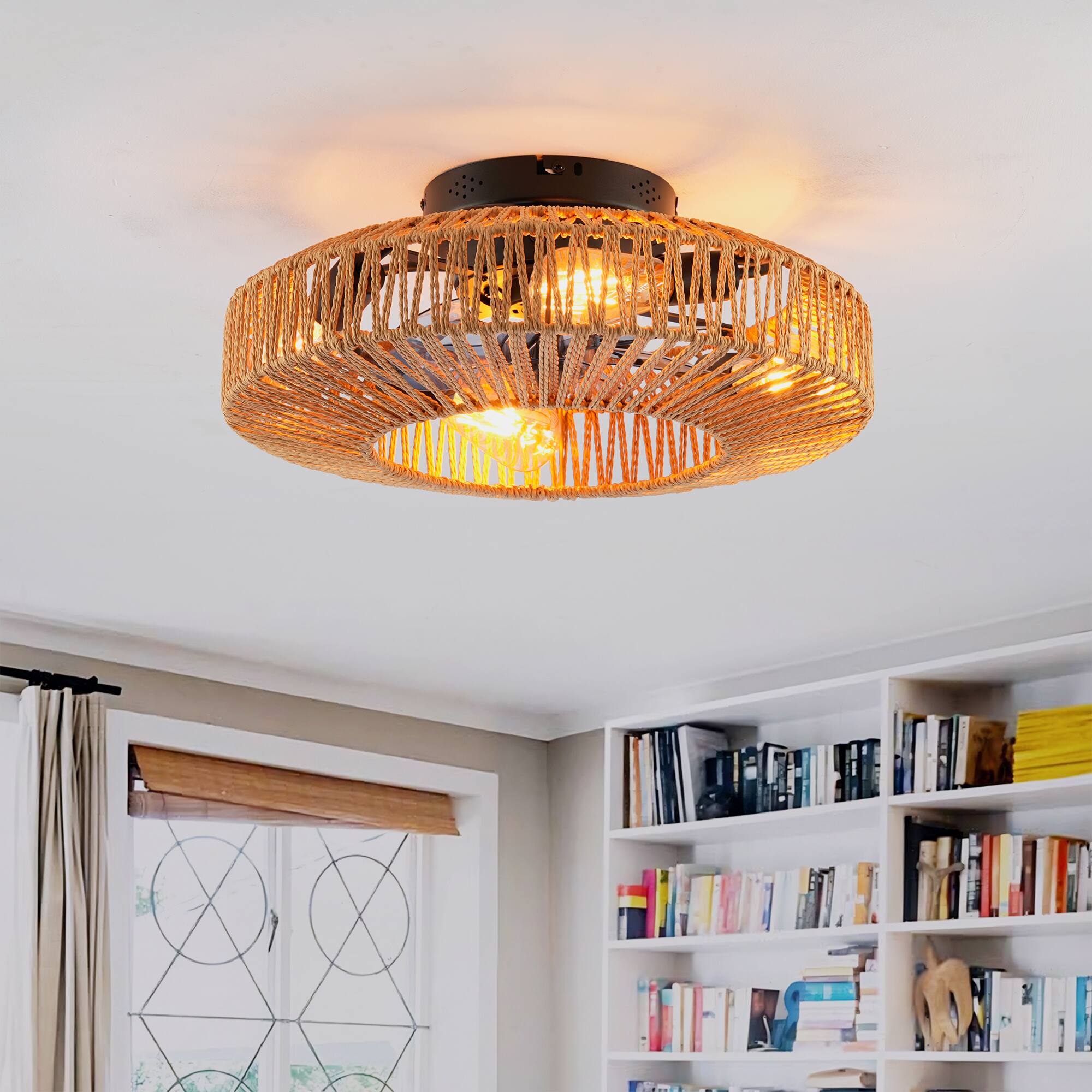 Alt View 7. Sofucor - 20" Woven Caged Low Profile Bladeless Ceiling Fan with Remote Enclosed Farmhouse Flush Mount Boho Ceiling Fan Reversible - Black.