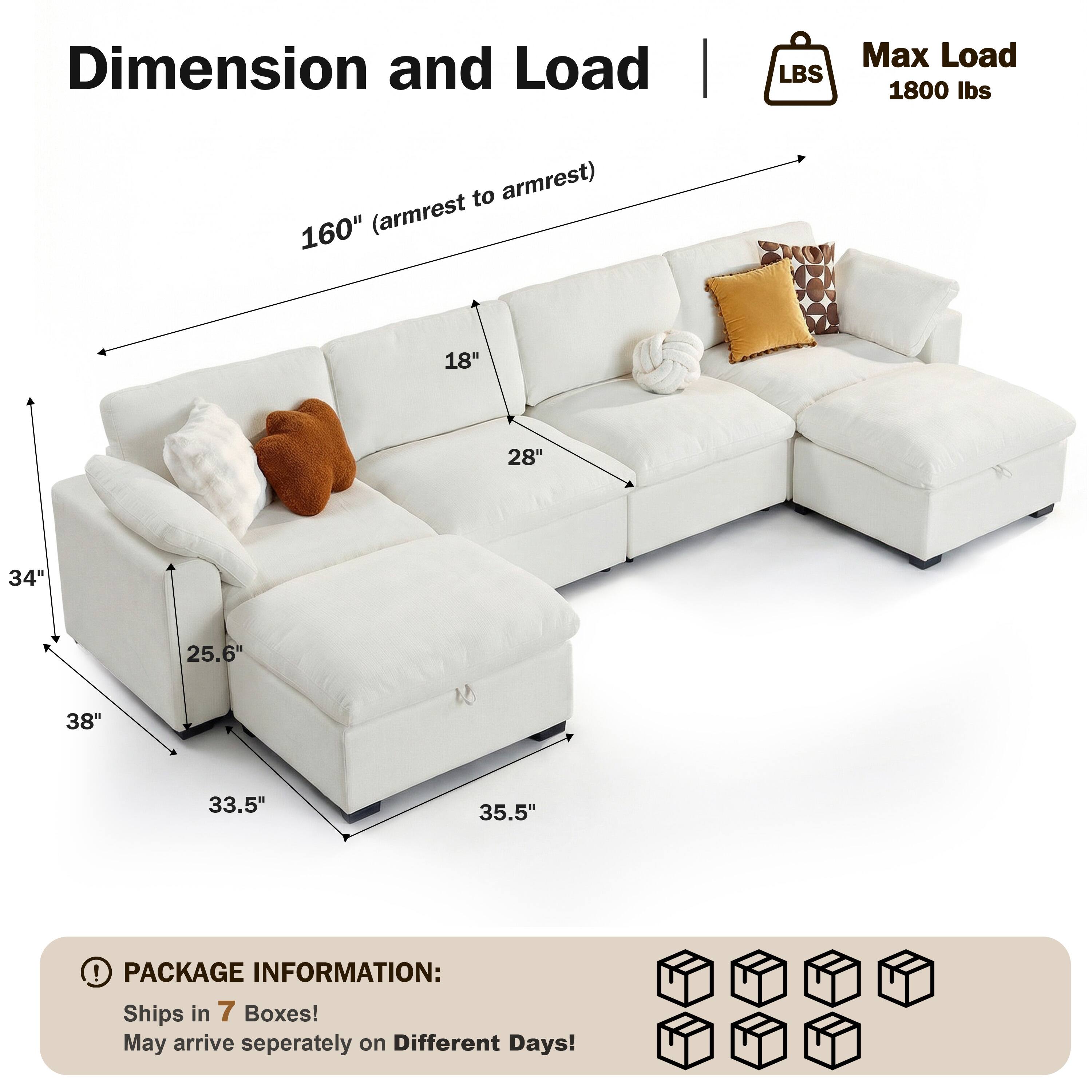 Dimension and Load | LBS  
Max Load 1800 lbs  
160" (armrest to armrest)  
18"  
28"  
34"  
38"  
25.6"  
33.5"  
35.5"  

PACKAGE INFORMATION:  
Ships in 7 Boxes!  
May arrive separately on Different Days!