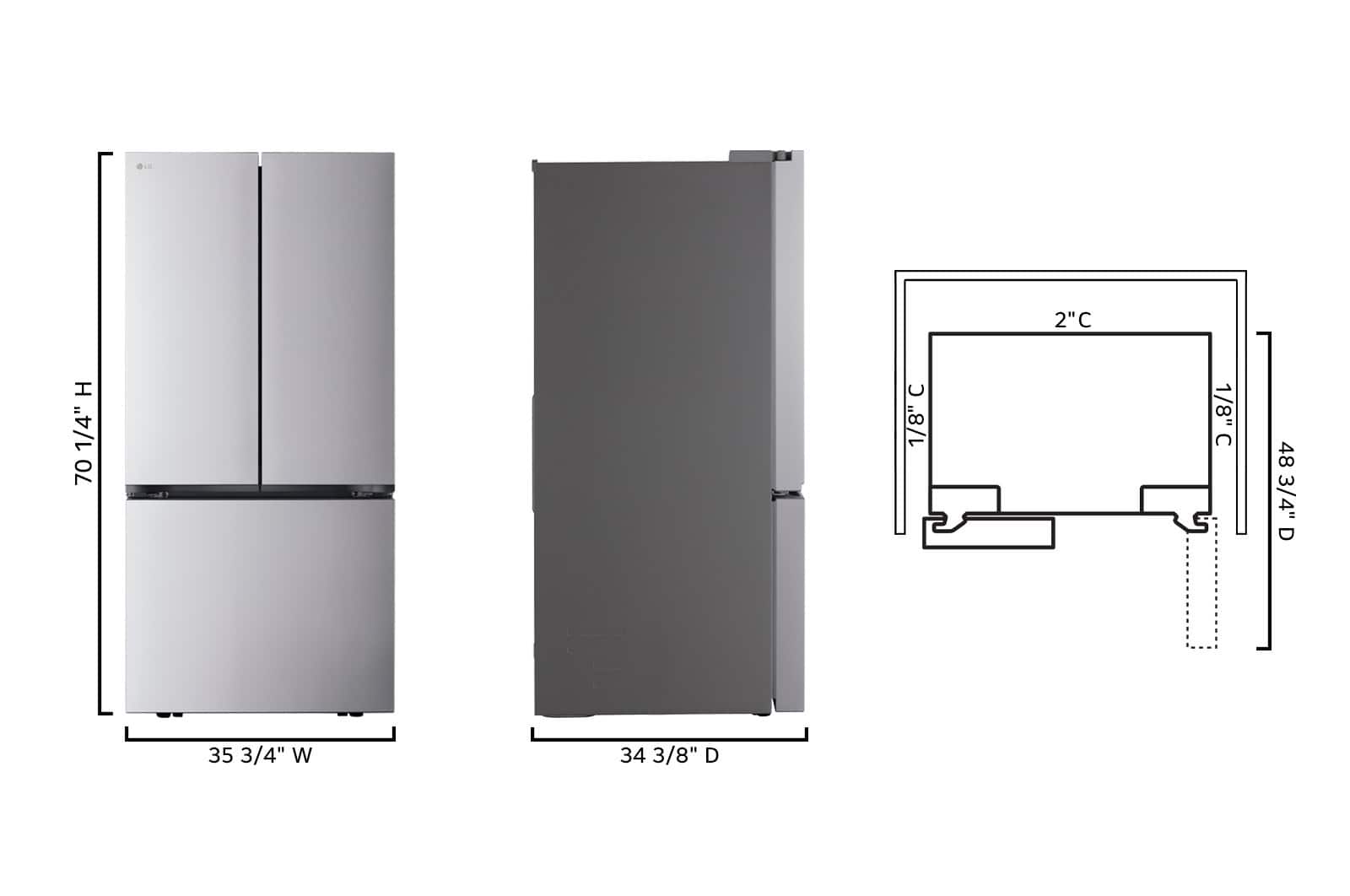The text on the image is grouped and corrected as follows:
1. 2"C H 1/4" 70 1/8" 1/8" 48 3/4" D 35 3/4" W 34 3/8" D
This text likely represents the dimensions of a refrigerator, with the measurements given in inches. The first line indicates the height of the refrigerator, while the second line provides the width. The third line likely represents the depth, and the fourth line could be the door height. The last line might be a reference to the door width.