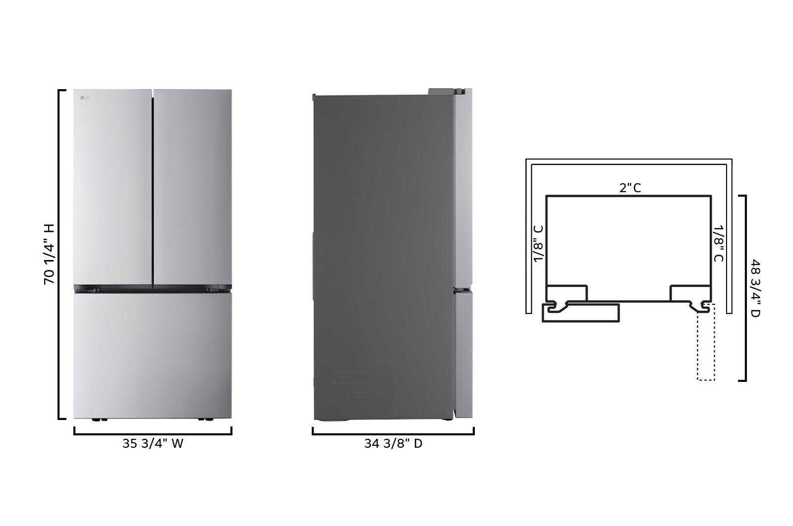 The text on the image is grouped and corrected as follows:

1. 2"C H 1/4" 70  1/8" 1/8"  48 3/4" D 35 3/4" W 34 3/8" D

This text likely represents the dimensions of a refrigerator, with the measurements given in inches. The first line indicates the height of the refrigerator, while the second line provides the width. The third line likely represents the depth, and the fourth line could be the door height. The last line might be a reference to the door width.