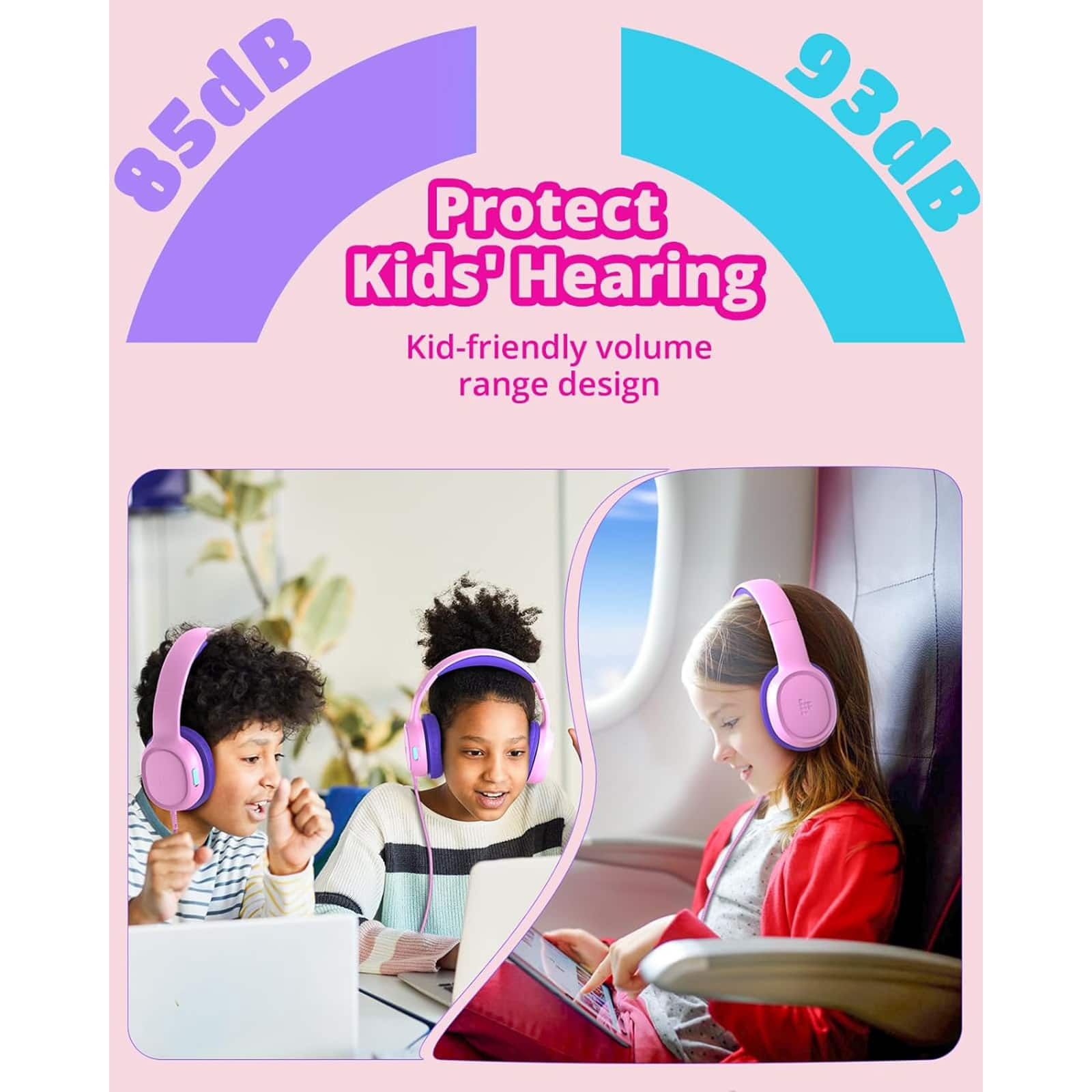 The text on the image is grouped and corrected as follows:
"85dB Protect Kids' Hearing: Kid-friendly volume range design."