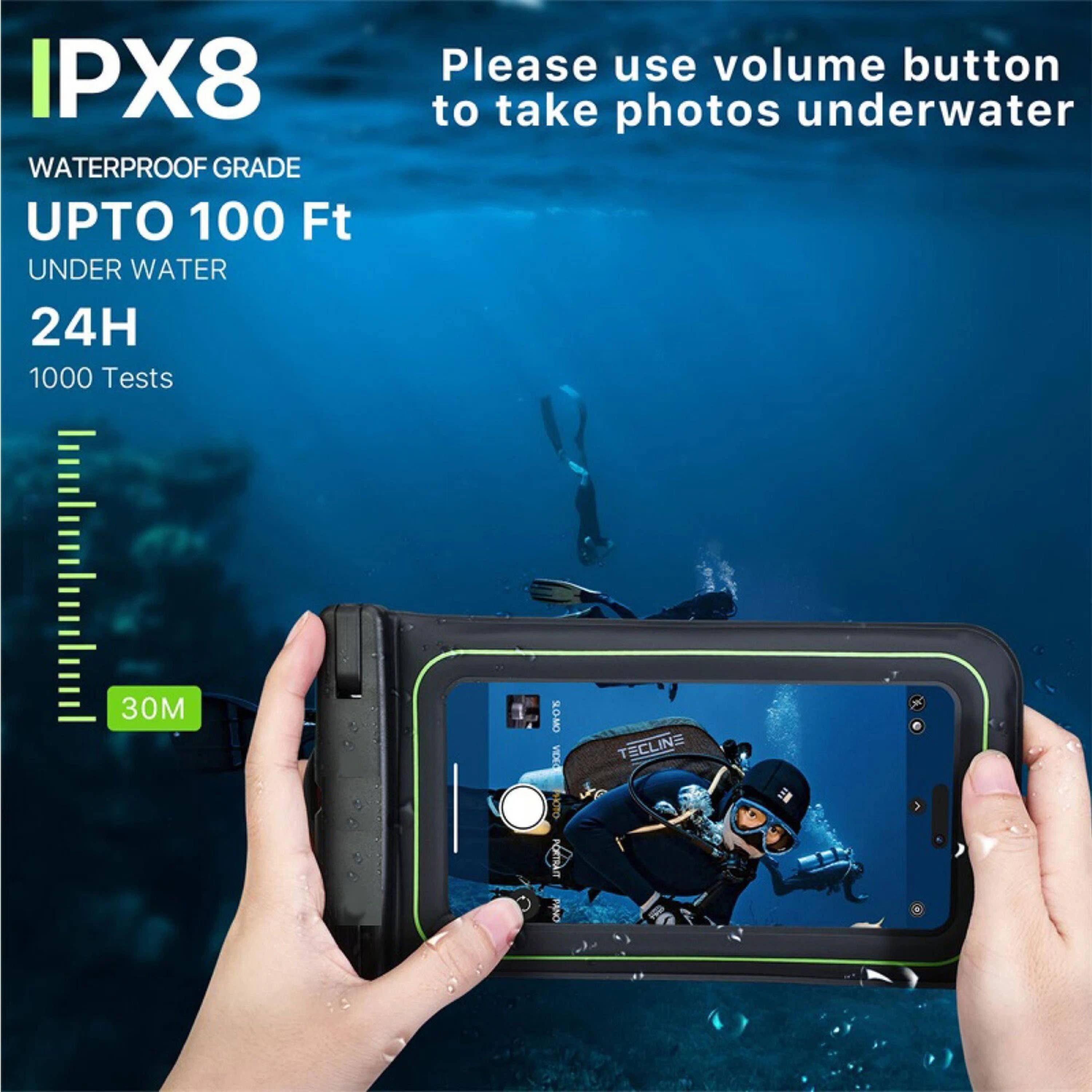 IPX8  
WATERPROOF GRADE  
UPTO 100 Ft UNDER WATER  
24H  
1000 Tests  

Please use volume button to take photos underwater  

30M  

TECLINE  
VIDEO  
OT  
PORTAIT  
PANO