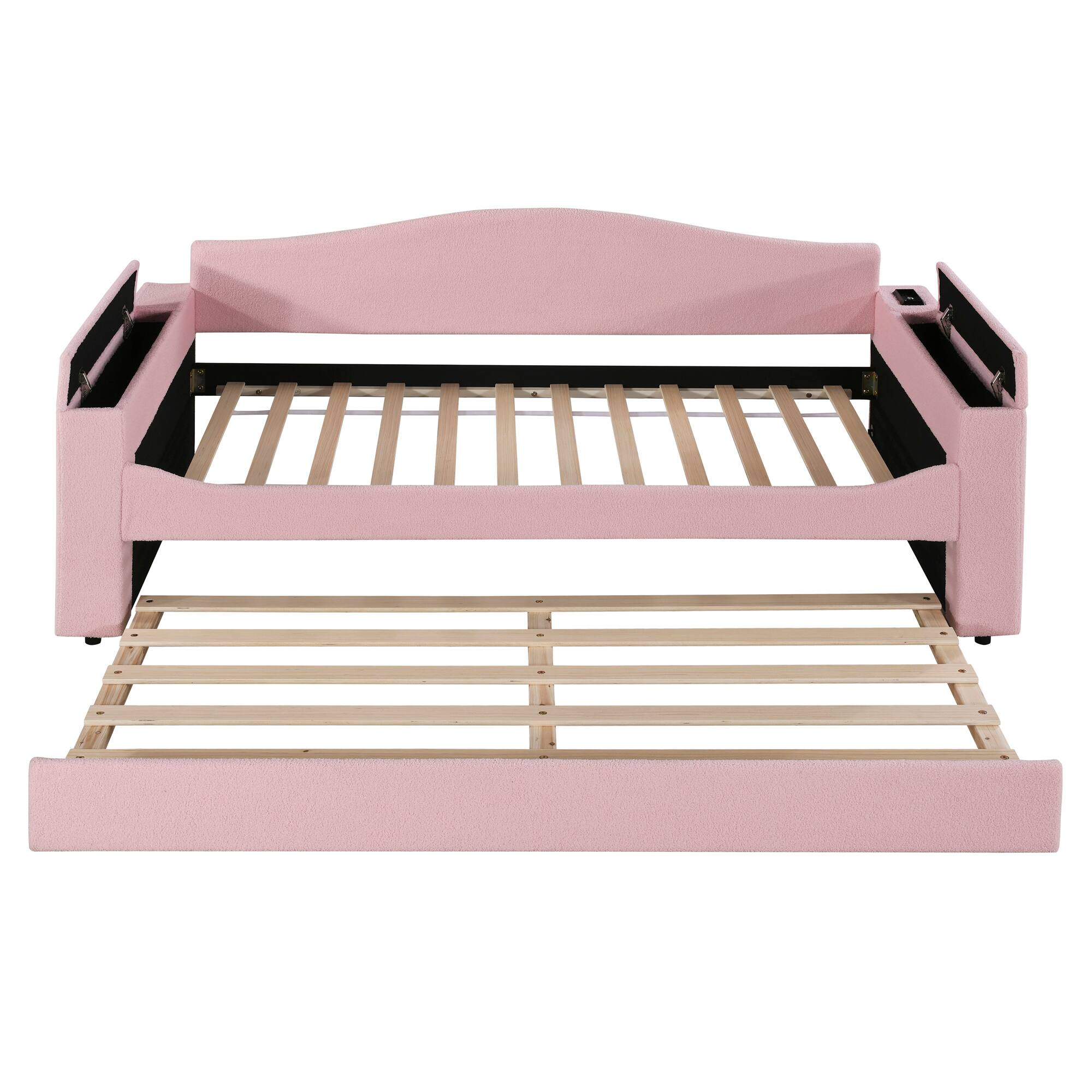 Alt View 2. Tiramisubest - Twin Size Upholstered Daybed with Storage Armrests, Trundle and Latest Integrated Bluetooth Audio System, Teddy Fleece - Pink.