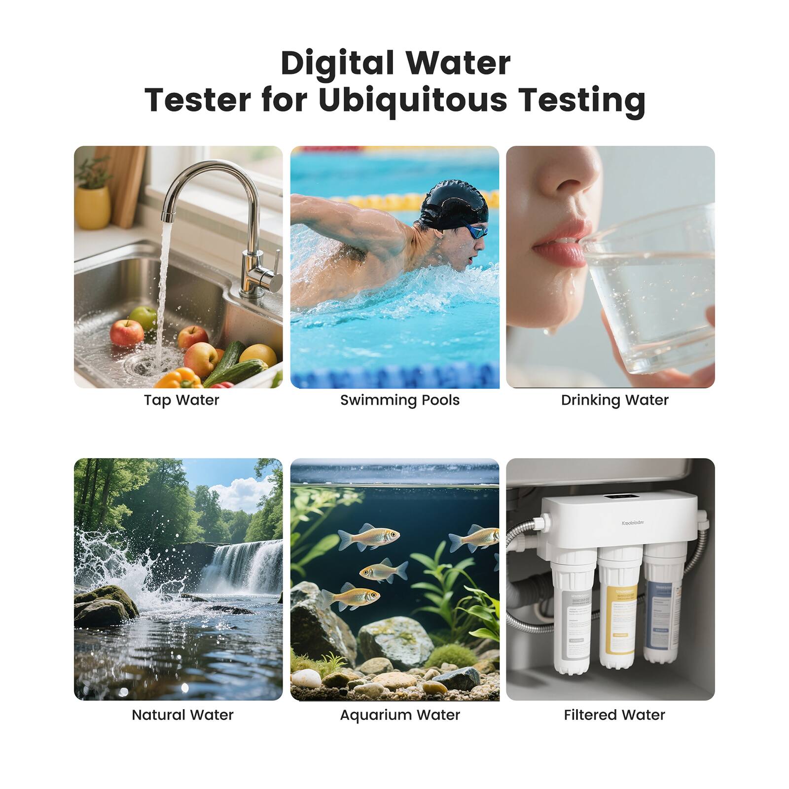 Digital Water Tester for Ubiquitous Testing

- Tap Water
- Swimming Pools
- Drinking Water
- Natural Water
- Aquarium Water
- Filtered Water