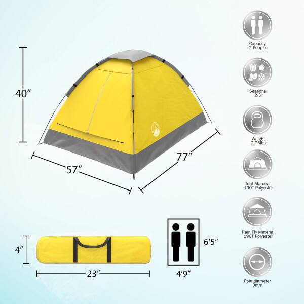 Capacity: 2 People

Seasons: 2-3

Weight: 2.75lbs

Tent Material: 190T Polyester

Rain Fly Material: 190T Polyester

Pole diameter: 3mm

Dimensions:
- Height: 40"
- Length: 57"
- Width: 77"
- Packed Length: 4"
- Packed Width: 23"
- Packed Height: 6'5"