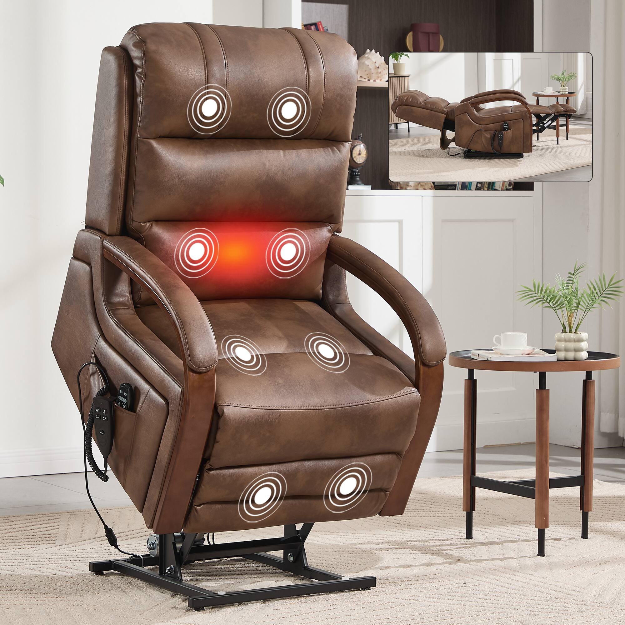Angle. LUCKY ONE - Faux Leather Power Lift Recliner Chair with Infinite Position, Massage and Solid Wood Armrests - Brown.