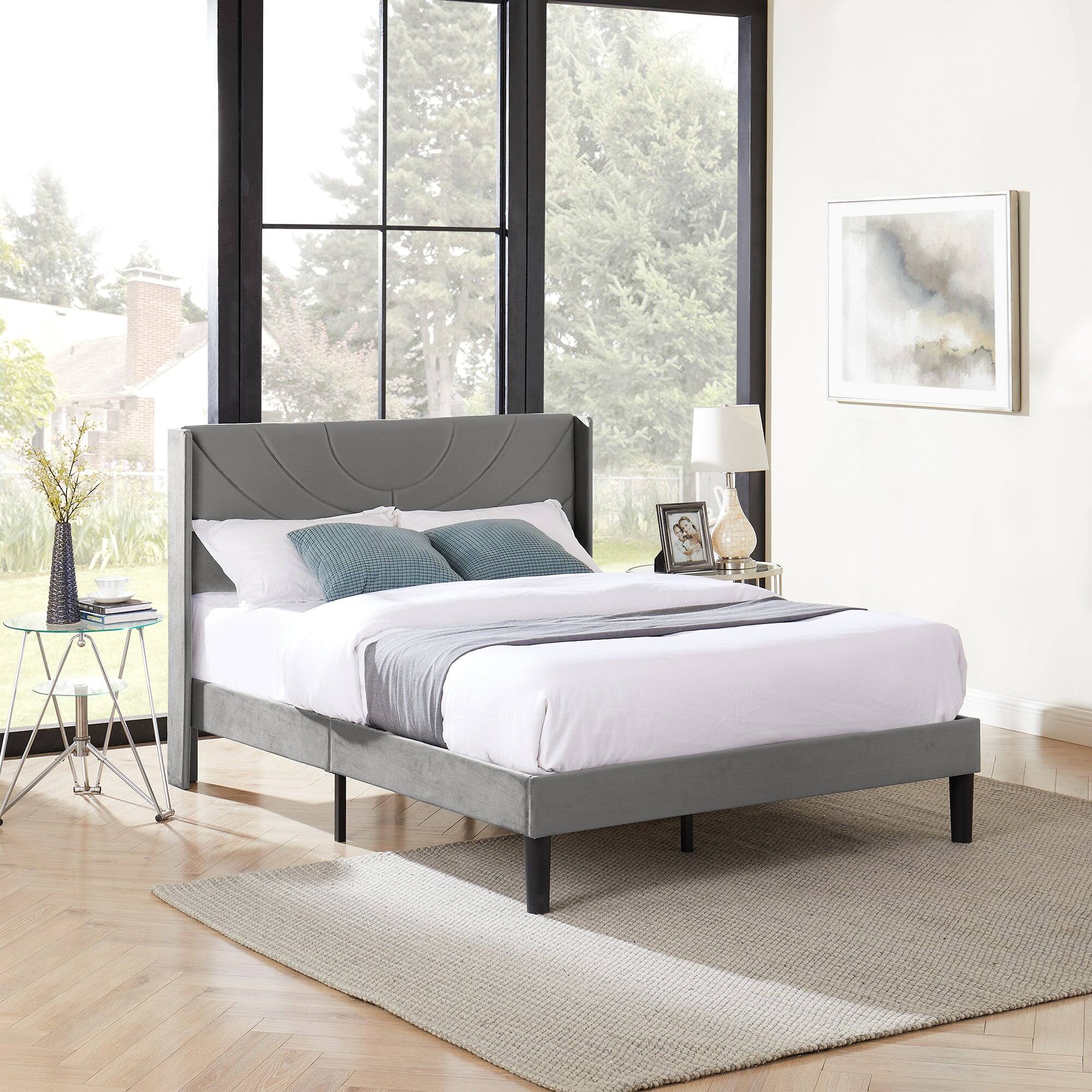 Back. Vecelo - Upholstered Platform Queen Bed Frame with Fabric Headboard,Wooden Slats Support/No Box Spring Needed/Mattress Foundation - Dark Grey.