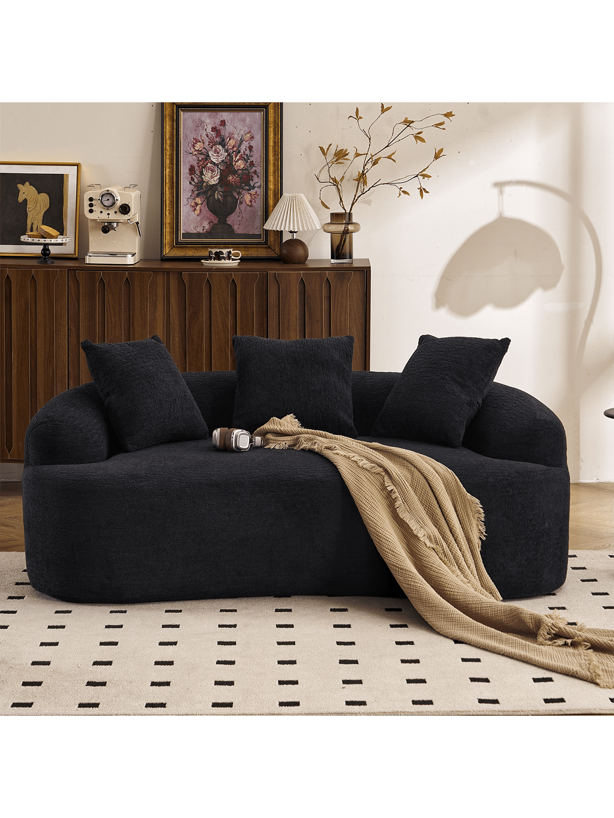 Back. Trinkets Crazed - 65" Curved Small Loveseat Sofa,Cozy Chenille Upholstered Couch With 3 Pillows,Modern Deep Seat Cloud Couch - Black.