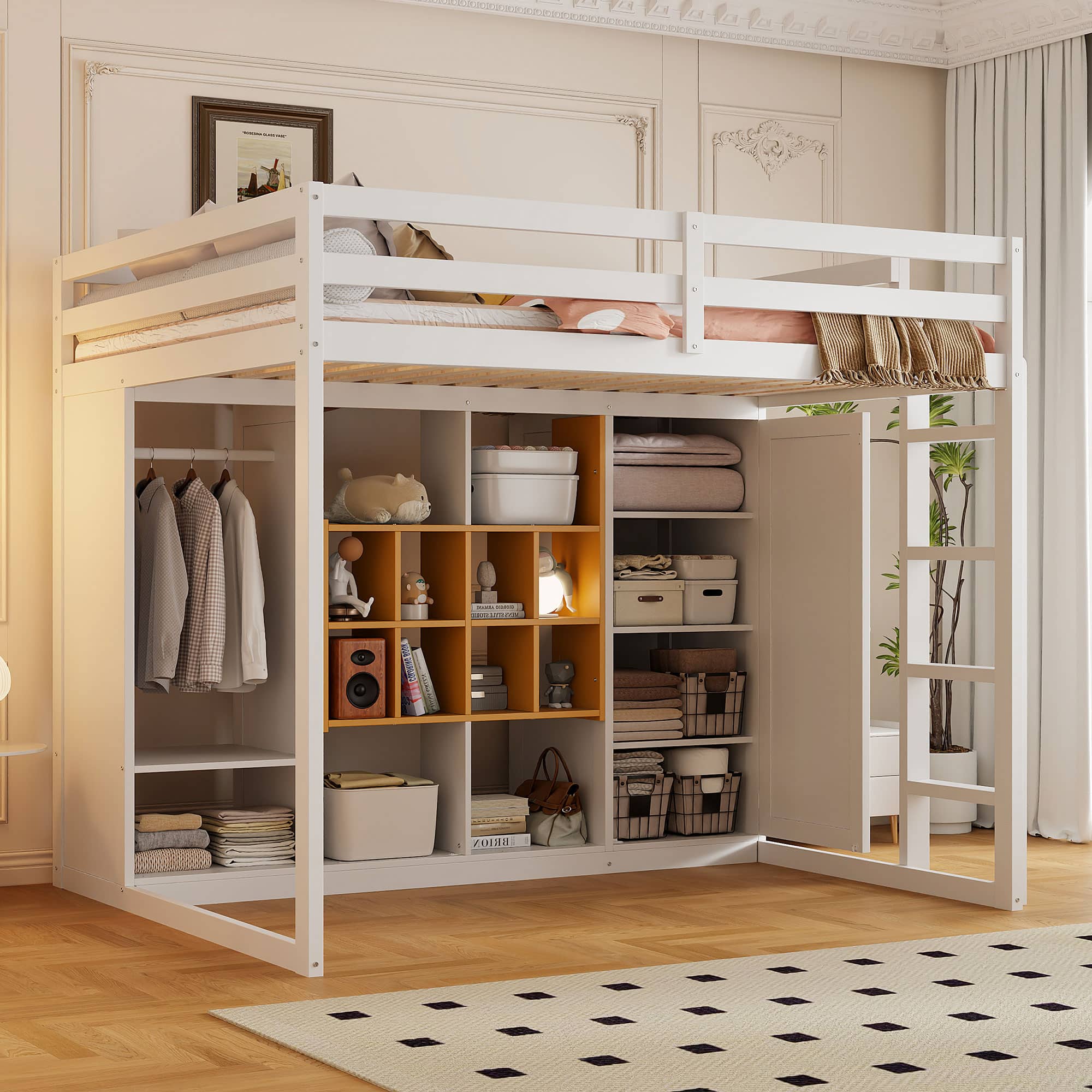 Anysun - Full Size Wood Loft Bed with Wardrobe, shelves and Cabinet - White