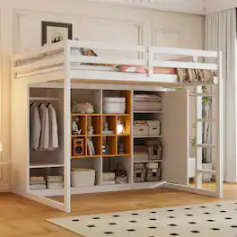 Anysun - Full Size Wood Loft Bed with Wardrobe, shelves and Cabinet - White