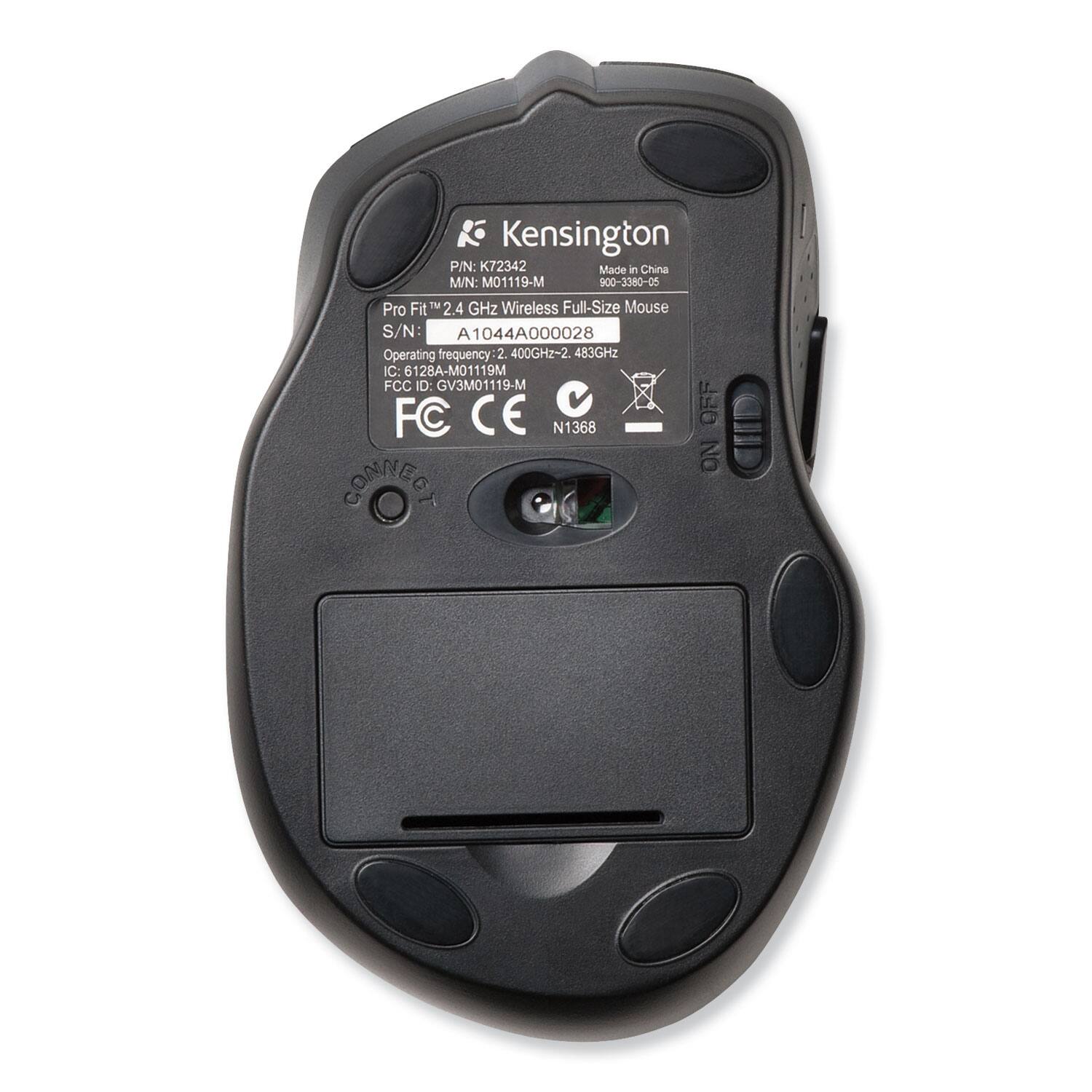 Kensington  
P/N: K72342  
M/N: M01119-M  
Made in China  
900-3380-05  

Pro Fit™ 2.4 GHz Wireless Full-Size Mouse  
S/N: A1044A000028  
Operating frequency: 2.400GHz-2.483GHz  
IC: 6128A-M01119M  
FCC ID: GV3M01119-M  
C: 6128A-M01119M  
FCC CE  
N1368  

ON/OFF  
CONNECT