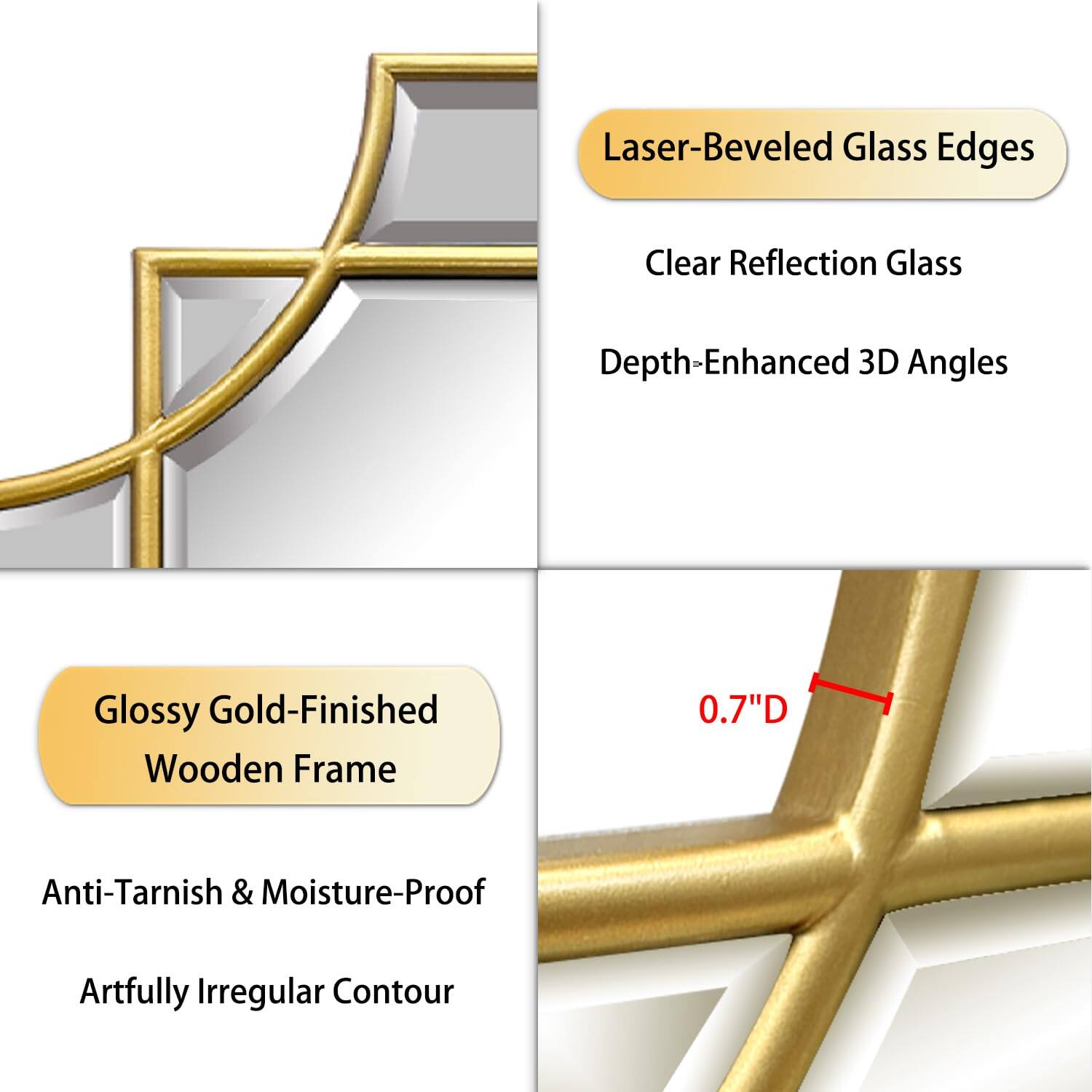 Laser-Beveled Glass Edges  
Clear Reflection Glass  
Depth-Enhanced 3D Angles  

Glossy Gold-Finished Wooden Frame  
Anti-Tarnish & Moisture-Proof  
Artfully Irregular Contour  

0.7" D