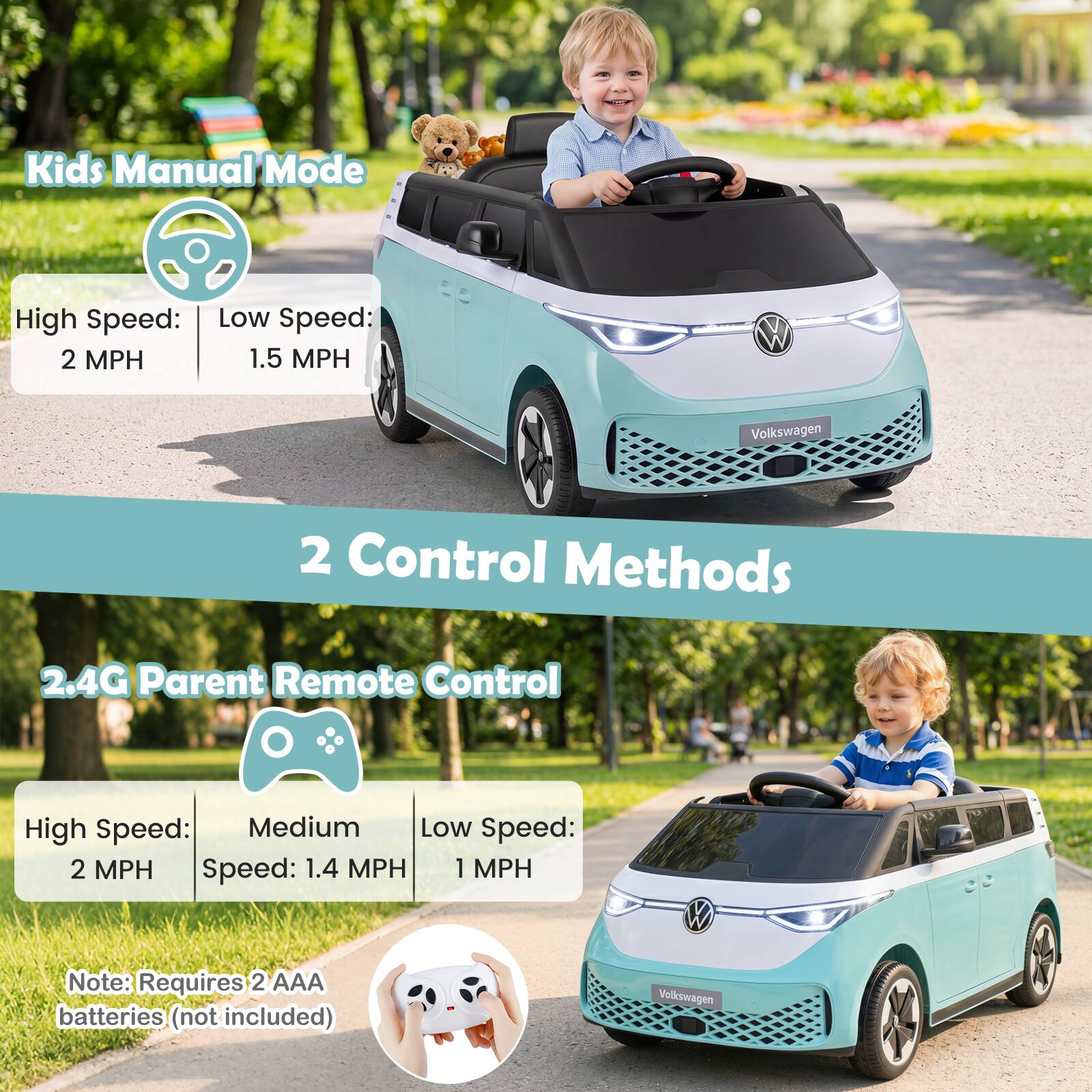 Kids Manual Mode  
High Speed: 2 MPH  
Low Speed: 1.5 MPH  

2 Control Methods  

2.4G Parent Remote Control  
High Speed: 2 MPH  
Medium Speed: 1.4 MPH  
Low Speed: 1 MPH  

Note: Requires 2 AAA batteries (not included)