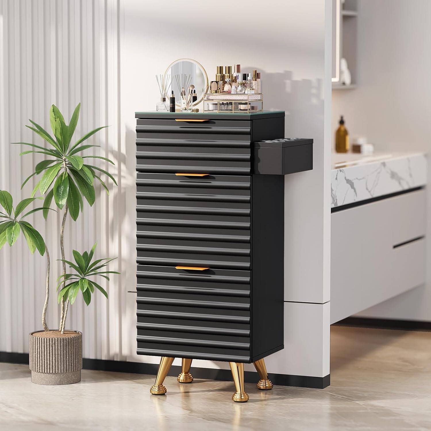 Alt View 4. Winado - Barber Station Barber Station with Removable Glass Top & Hot Tool Holder & 3 Pull-out Drawers & Aluminium Alloy Handle - Black & Gold.