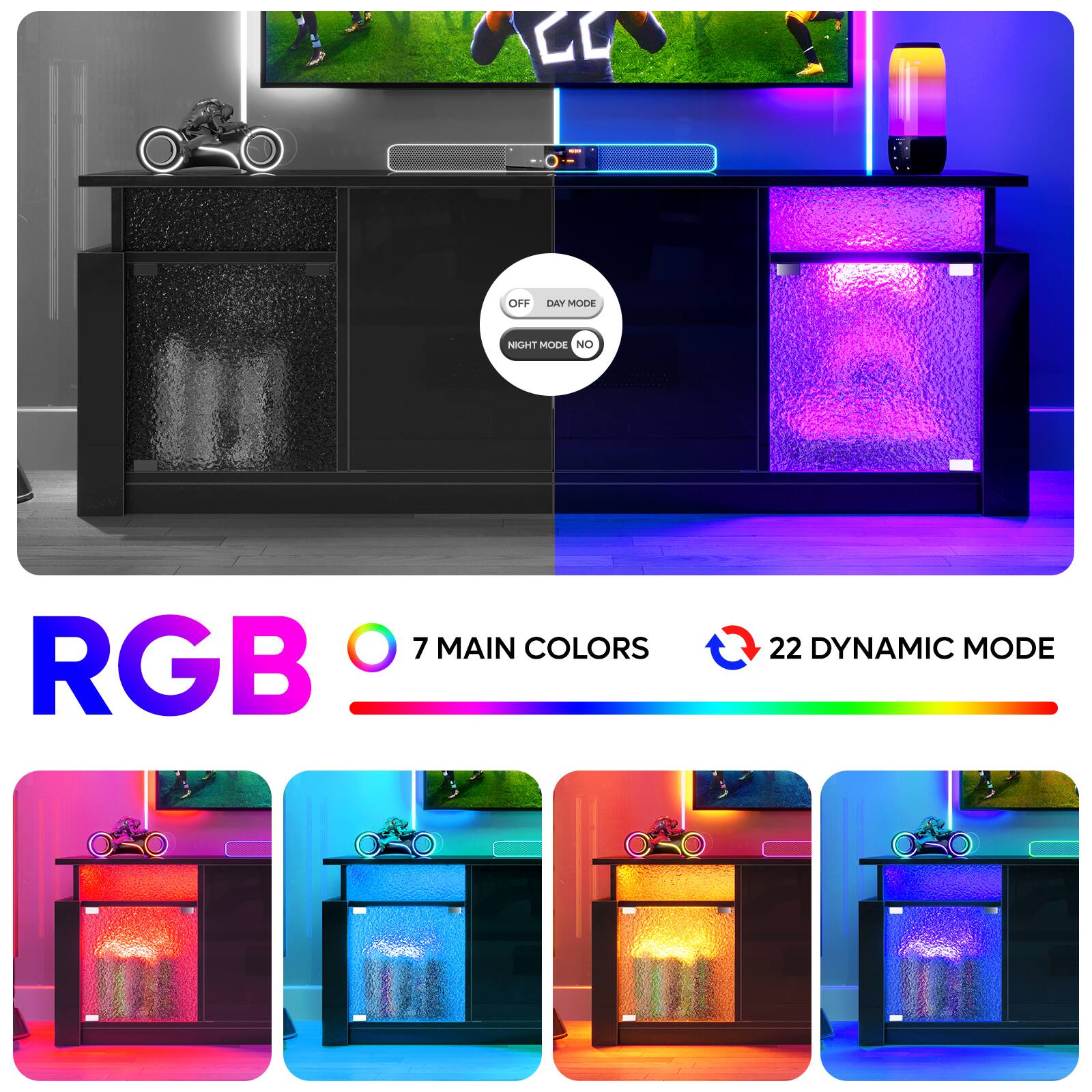 The text on the image is grouped as follows:

1. "RGB"
2. "7 main colors"
3. "22 dynamic mode"