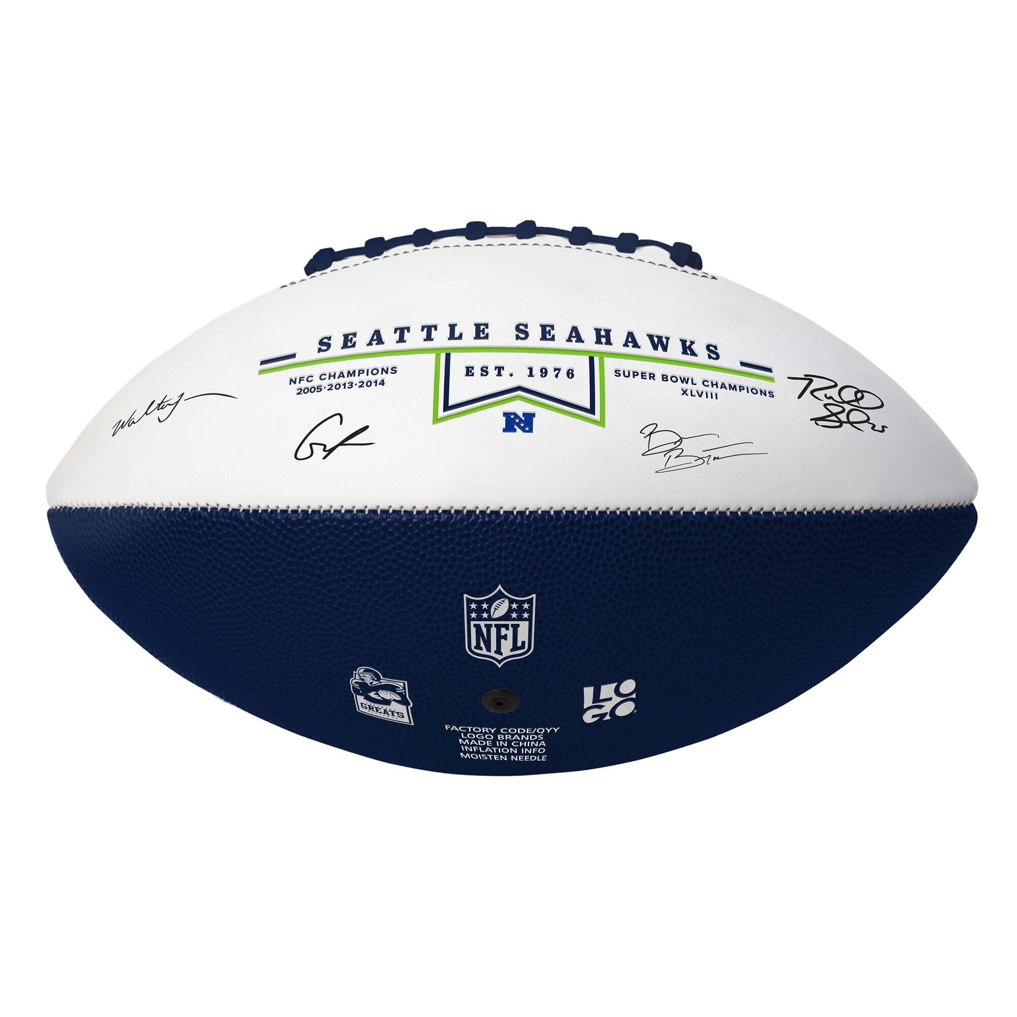 SEATTLE SEAHAWKS  
EST. 1976  
NFC CHAMPIONS 2005-2013-2014  
SUPER BOWL XLVIII CHAMPIONS  

NFL  
TREATS  
FACTORY CRAFTED  
LOGO BY  
MOOGO  
MOOGO  
MOOGO  
MOOGO  

MODEL: GYY  
MADE IN CHINA  
MADE IN CHINA  
MADE IN CHINA  
MADE IN CHINA