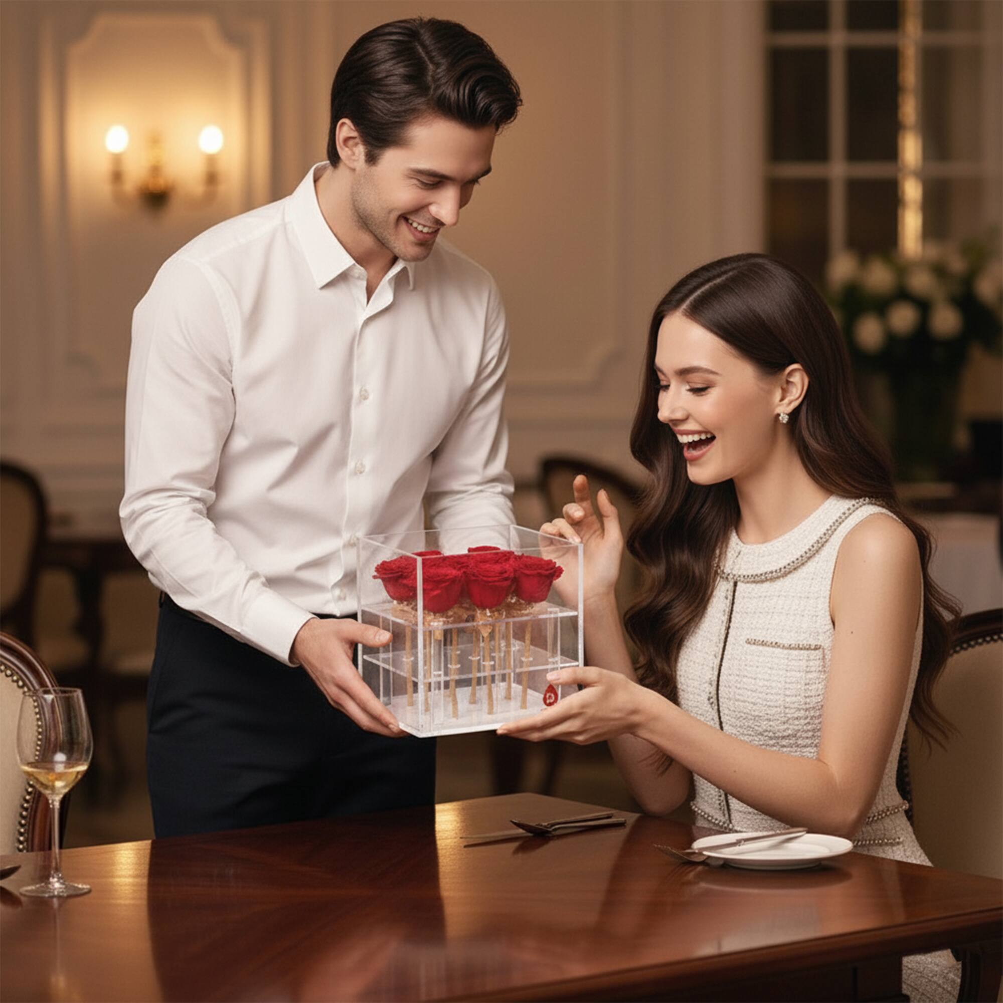 Left. Pursonic - 9 Preserved Roses in Acrylic Box: 100% Real Natural Roses That Last Over 1 Year - Red.