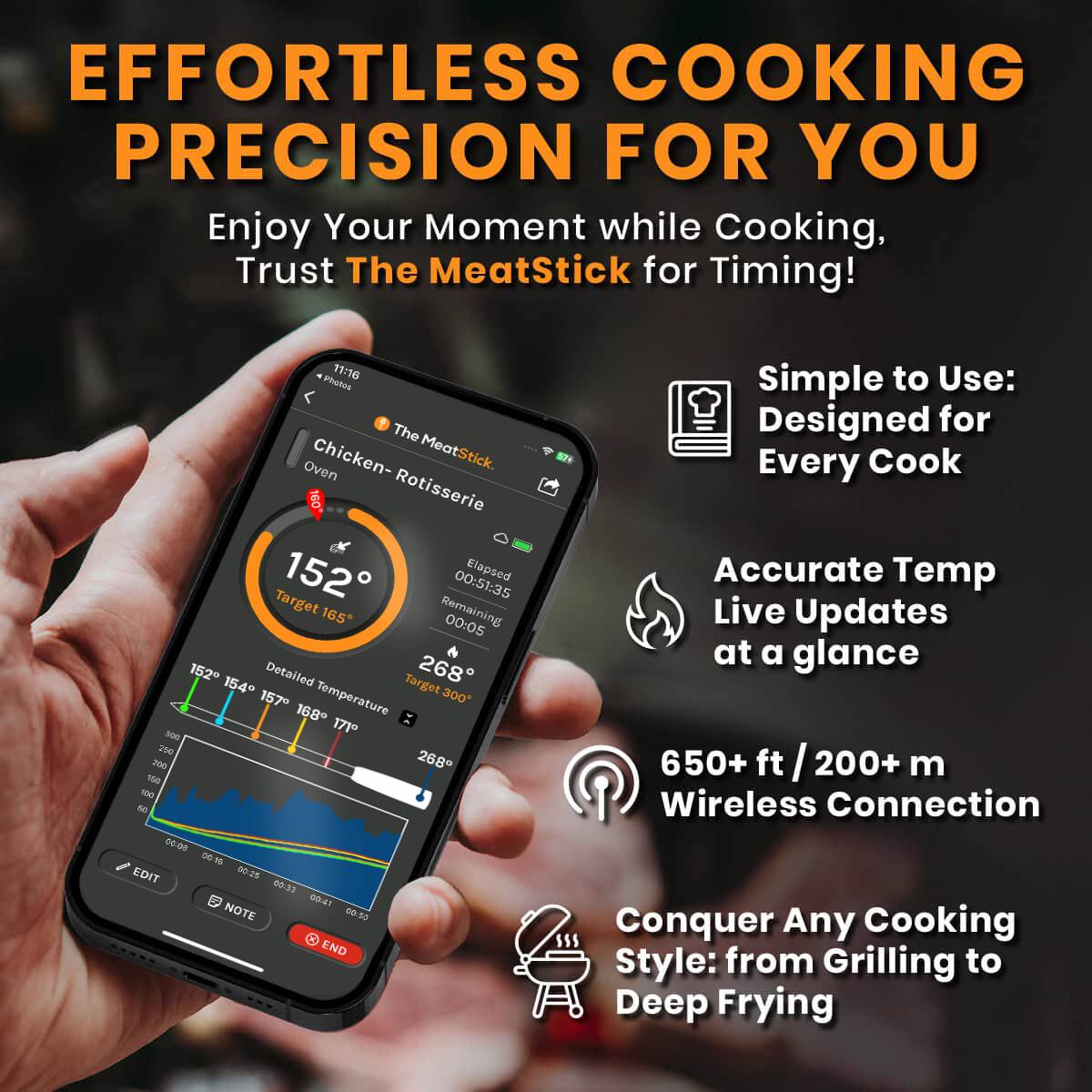 EFFORTLESS COOKING PRECISION FOR YOU

Enjoy Your Moment while Cooking, Trust The MeatStick for Timing!

11:16 Photos The Oven Chicken- MeatStick. Rotisserie 152
Elapsed 00:51:35
Target 165 Remaining 00:05
152 Detailed 268
154 Target 300
157 Temperature 168
00 171 2H 200 268 160 100 N
00:08 0M

I EDIT 00.28 00:33 00.41
NOTE 00.00 END

Simple to Use: Designed for Every Cook
Accurate Temp Live Updates at a glance
650+ ft / 200+ m Wireless Connection
Conquer Any Cooking Style: from Grilling to Deep Frying