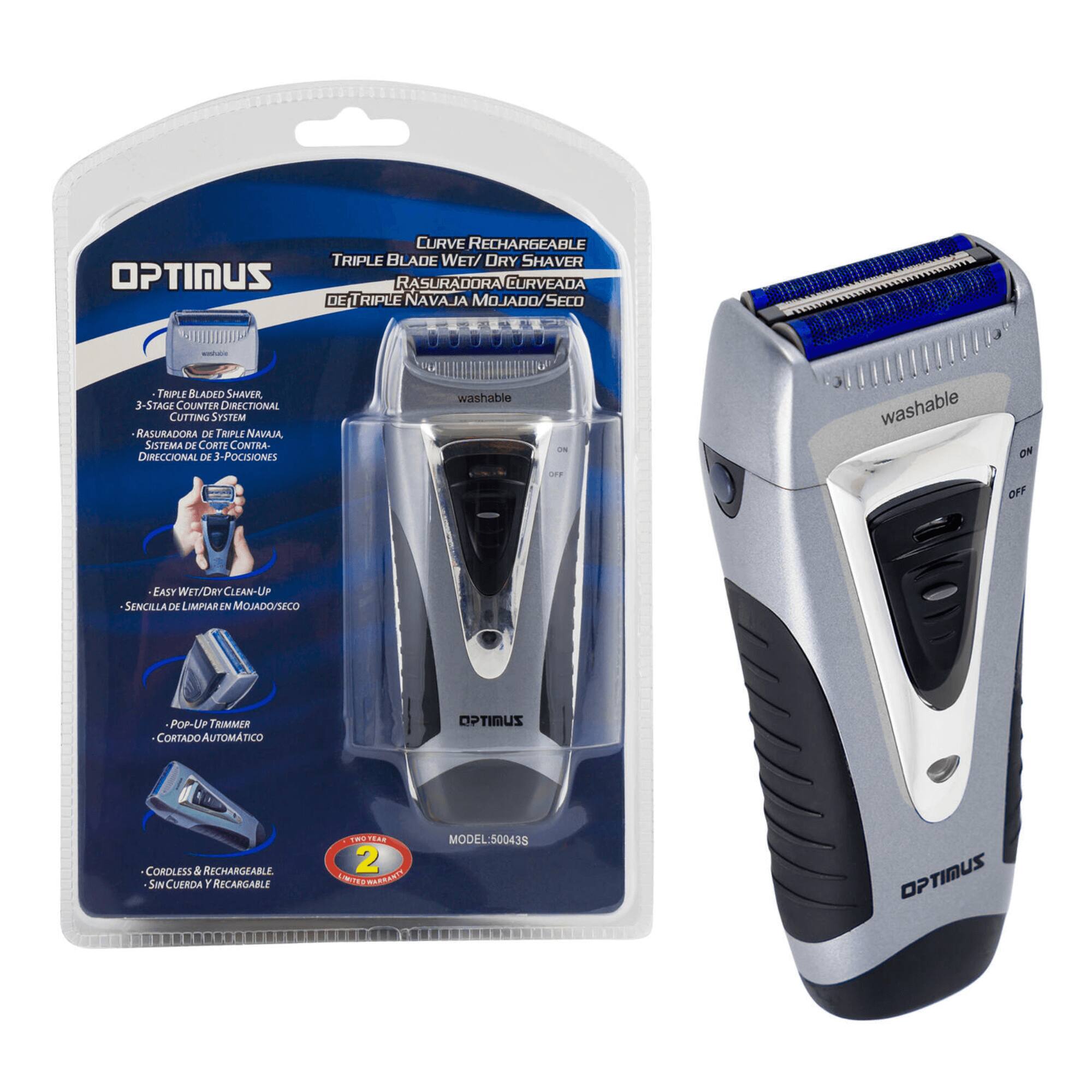 **OPTIMUS**

**CURVE RECHARGEABLE TRIPLE BLADE WET/DRY SHAVING RASURADORA DE CURVA DE TRIPLE NAVAJA MOJADO/SECO**

- **TRIPLE BLADED SHAVING RASURADORA DE TRIPLE NAVAJA**
  - 3-STAGE COUNTER DIRECTIONAL CUTTING SYSTEM
  - SISTEMA DE CORTE CONTRA DIRECCIONAL DE 3 POSICIONES

- **EASY WET/DRY CLEAN-UP**
  - SENCILLA DE LIMPIAR MOJADO/SECO

- **POP-UP TRIMMER**
  - CORTADO AUTOMÁTICO

- **CORDLESS & RECHARGEABLE**
  - SIN CUERDA Y RECARGABLE

**washable**

**MODEL: 50043S**

**2 YEAR WARRANTY**